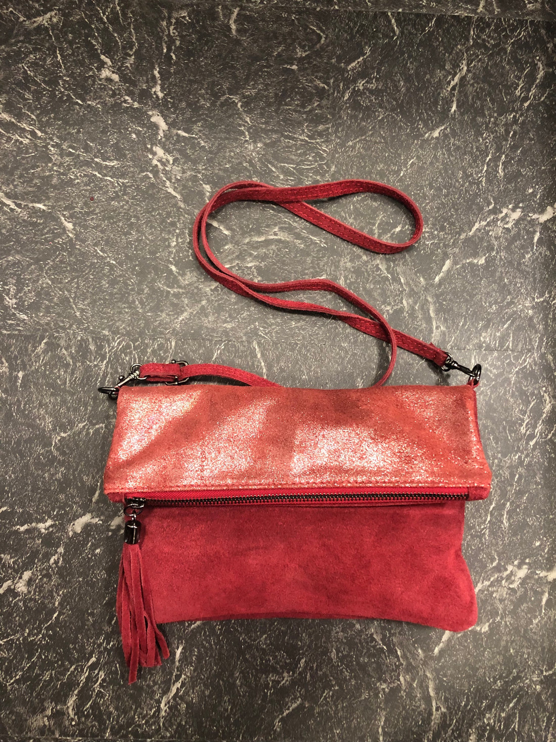 Foldover Leather Metallic Clutch