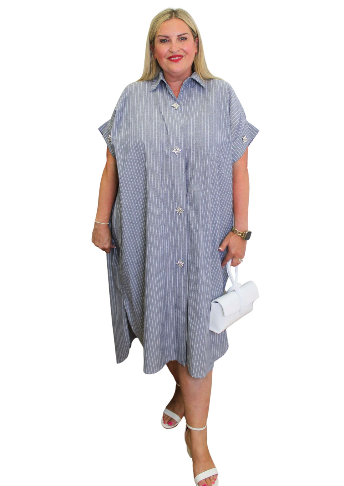 Cozina Dress Stripe Diamonte Button