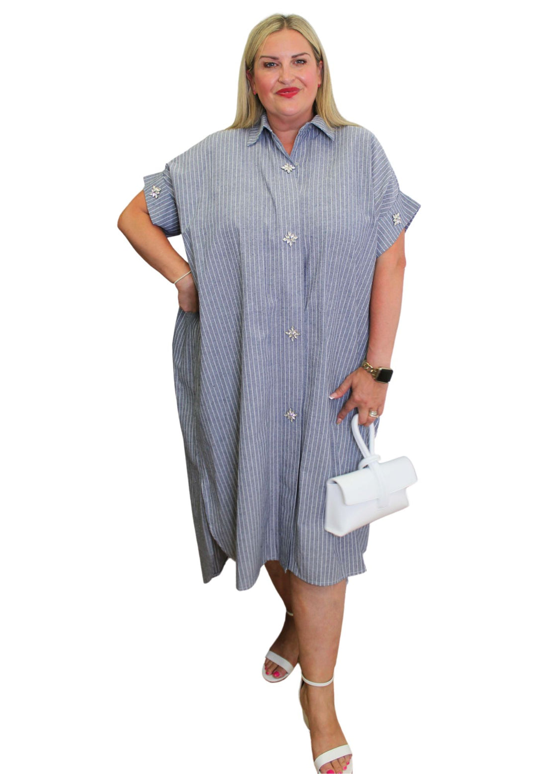 Cozina Dress Stripe Diamonte Button