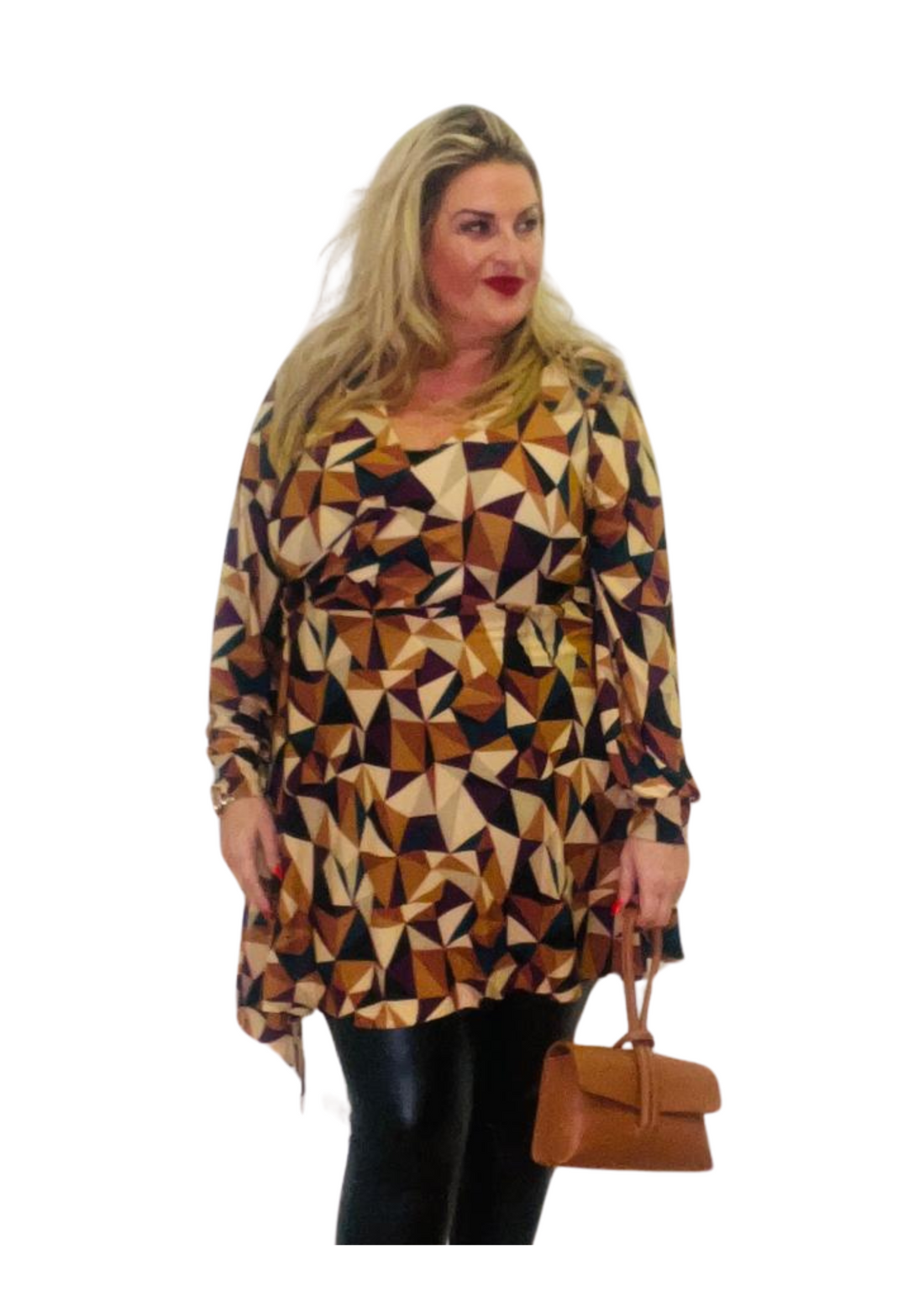 Geo wrap tunic tan plus size curve flattering wrap style
