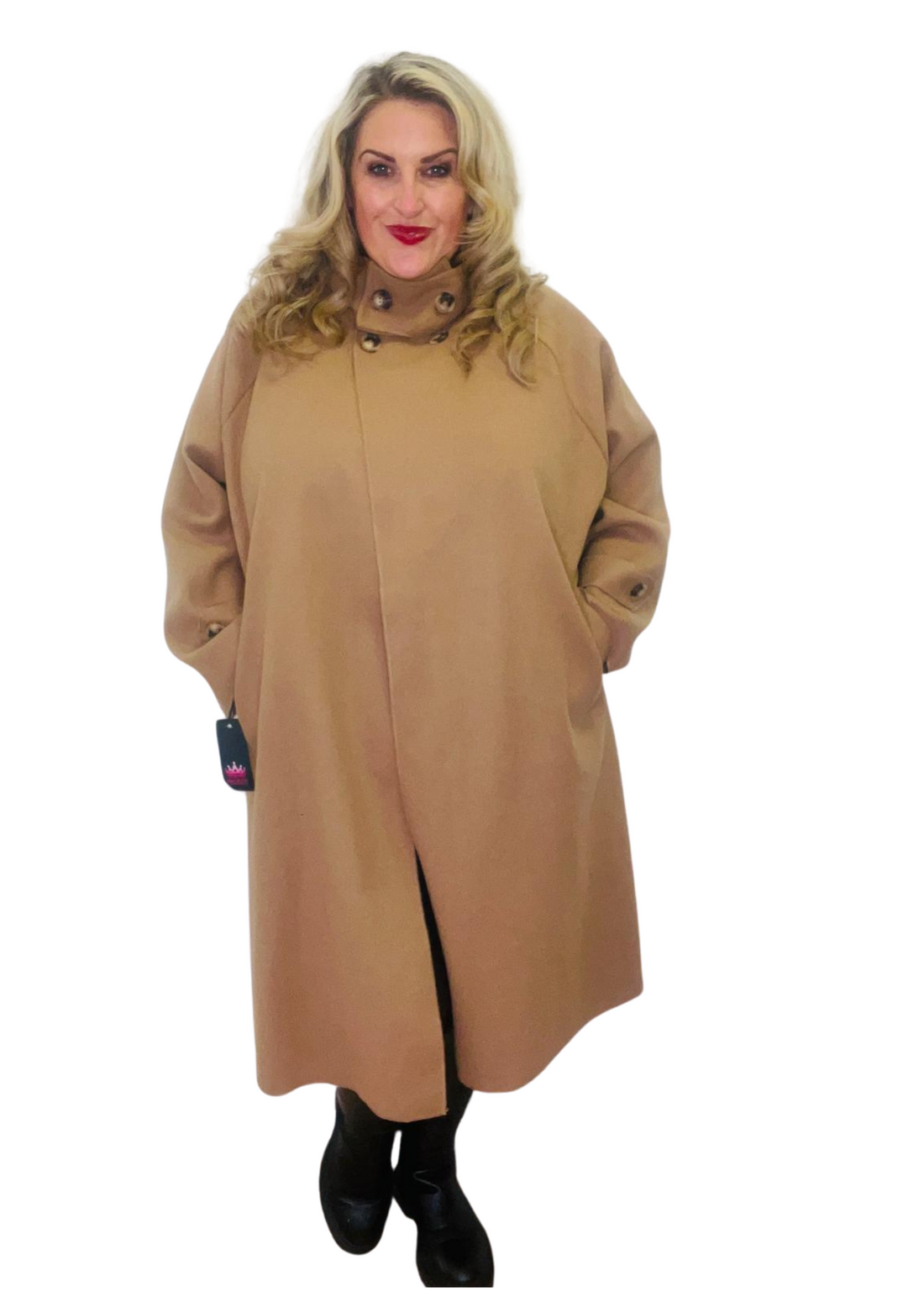 Quad button coat camel plus size curve swing