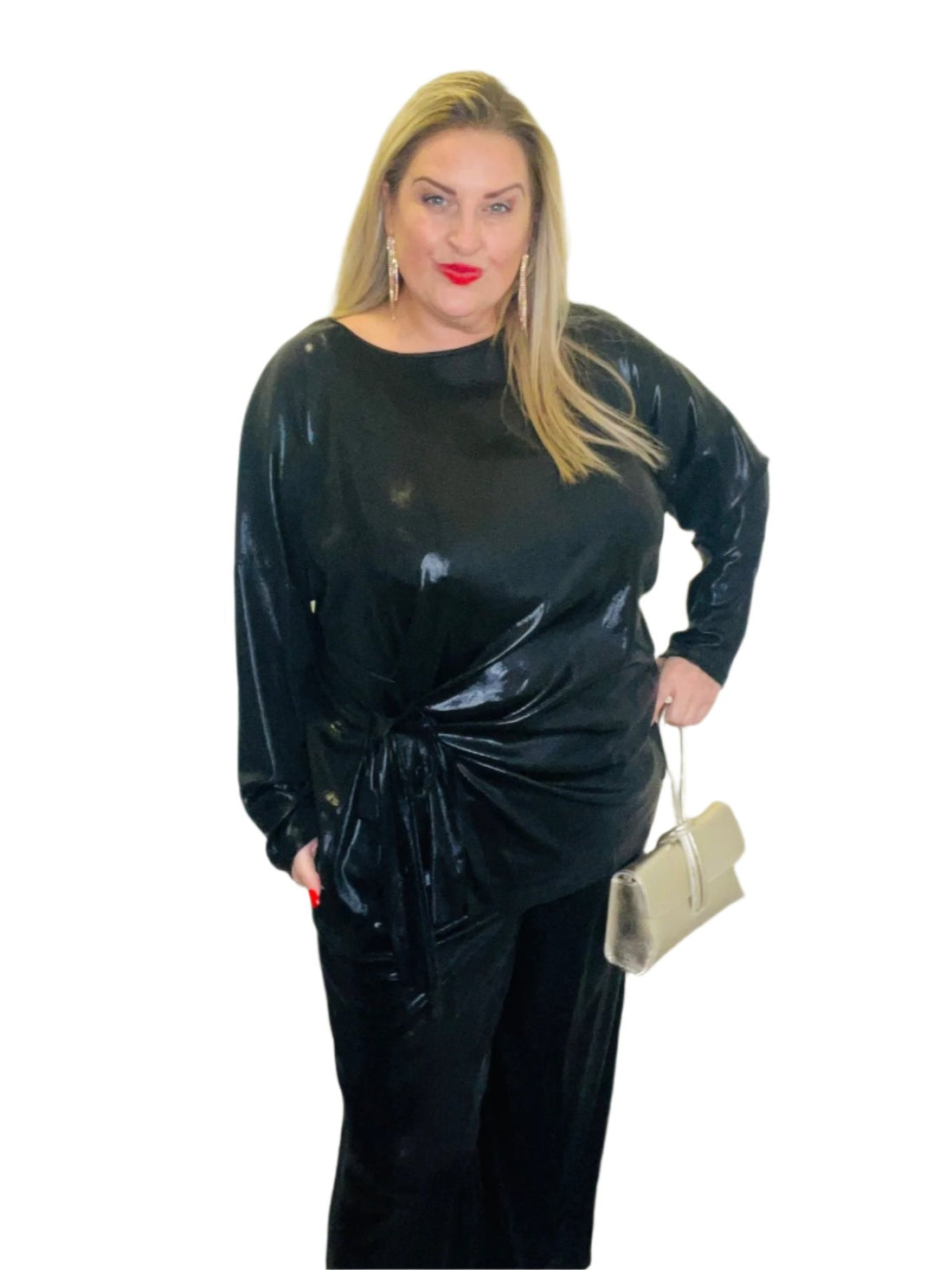 barb metallic tie side top black plus size
