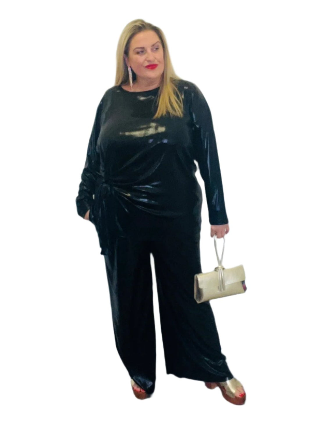 barb metallic tie side top black plus size trouser co-ord