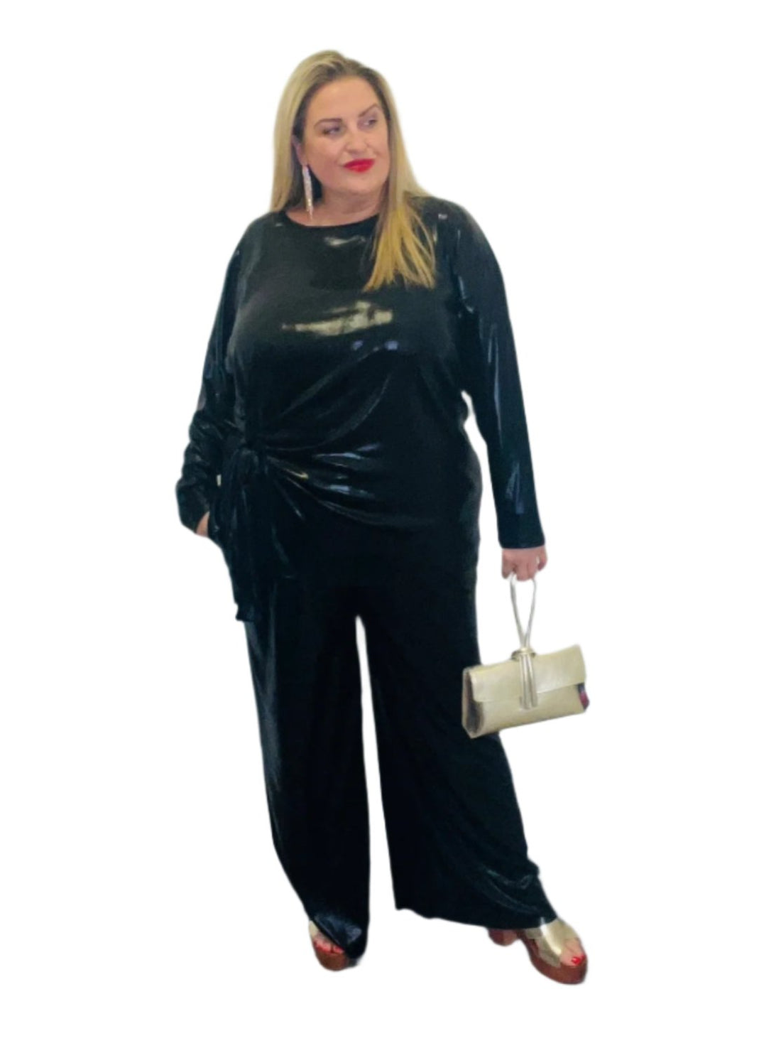 barb metallic trousers black plus size wide leg