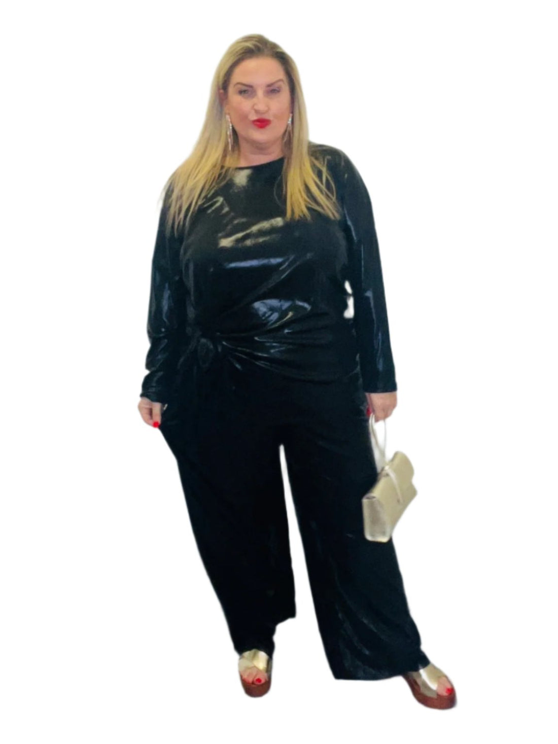 barb metallic trousers black plus size wide leg elastic waist