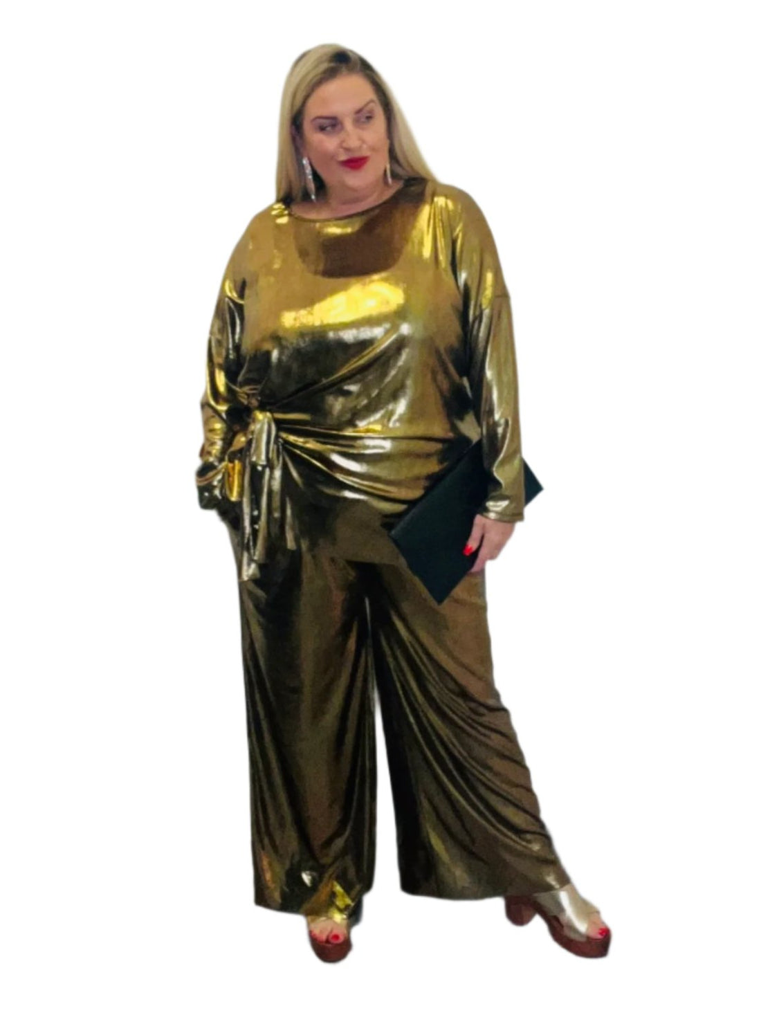 barb metallic trousers gold plus size wide leg elastic waist