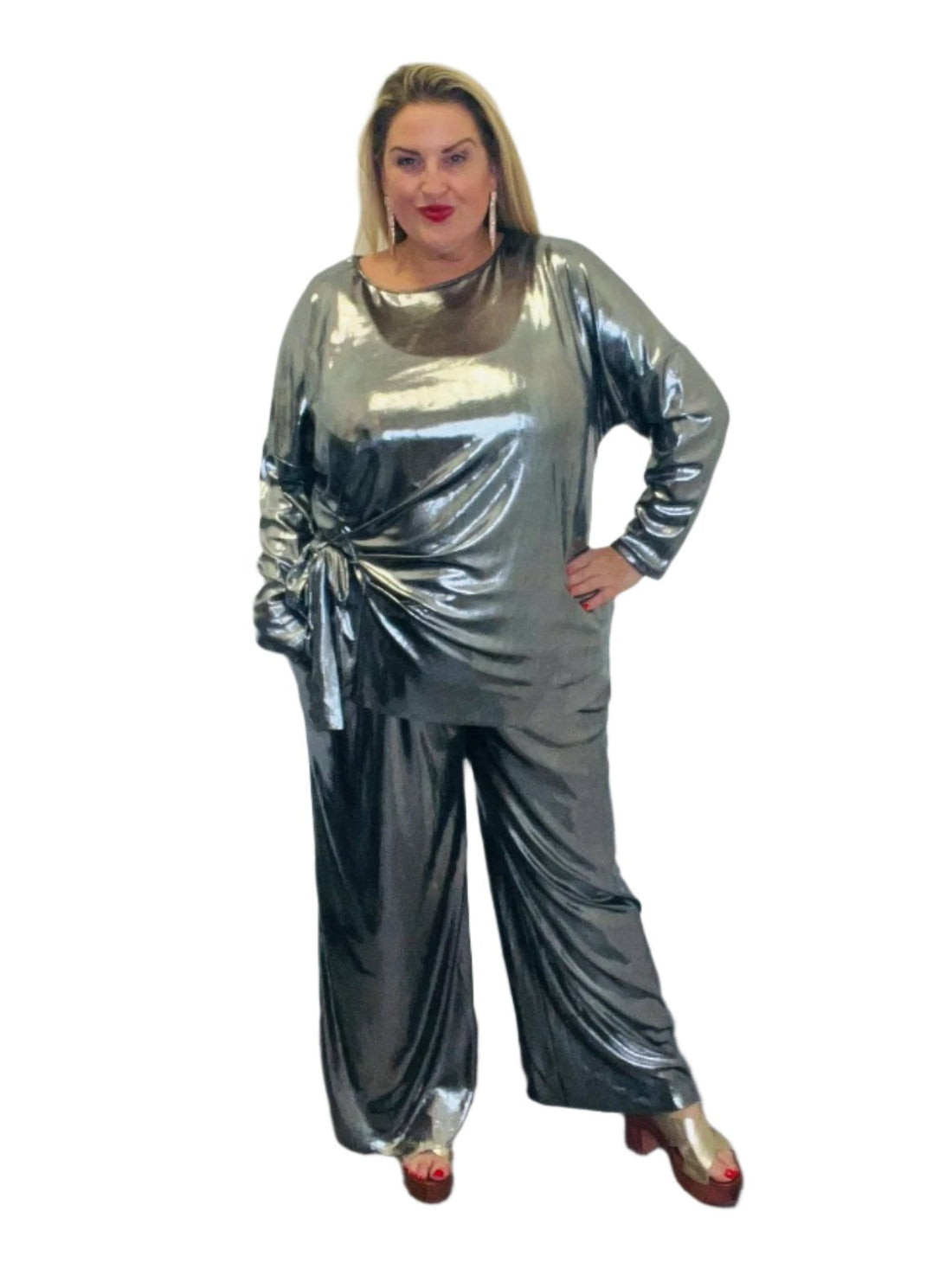 barb metallic trousers silver plus size wide leg