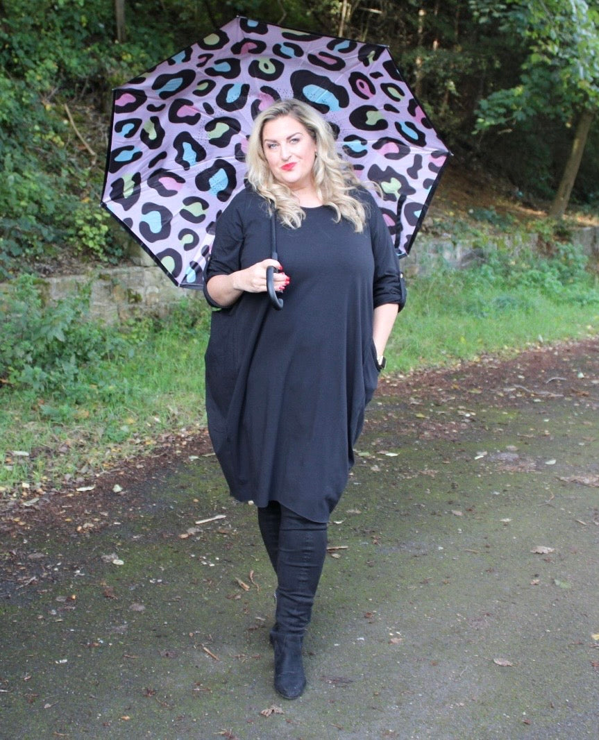 black original dress round neck pockets plus size colour animal print umbrella
