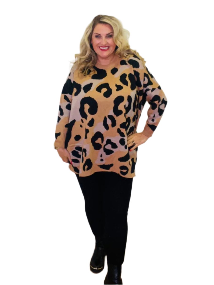 bold animal patch jumper plus size camel soft knit