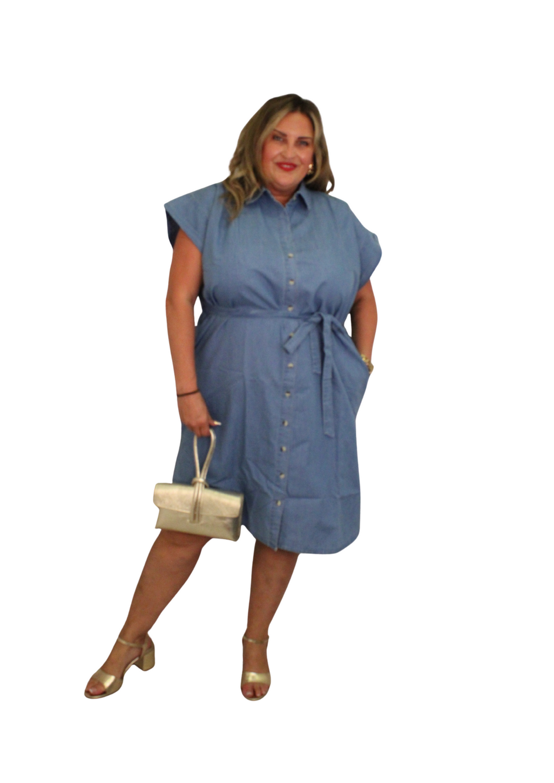 Button Front Denim Effect Belt Shirt Dress