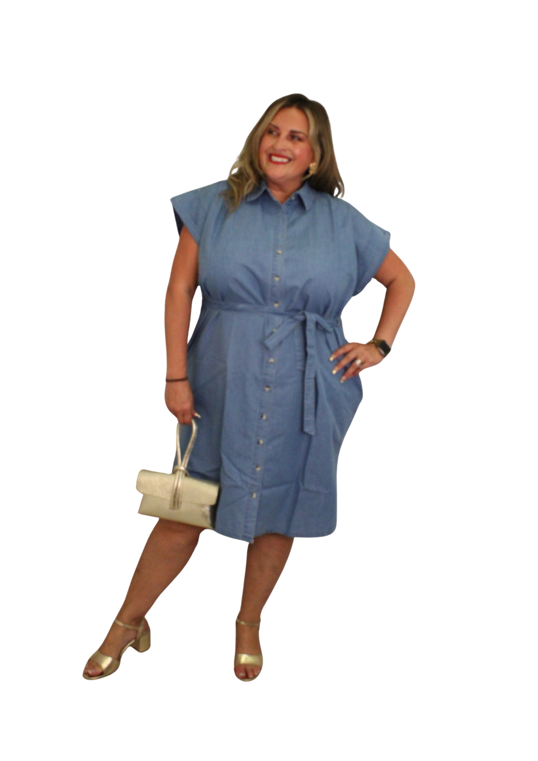 Button Front Denim Effect Belt Shirt Dress