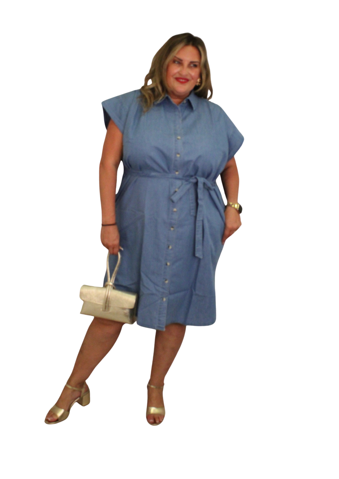 Button Front Denim Effect Belt Shirt Dress