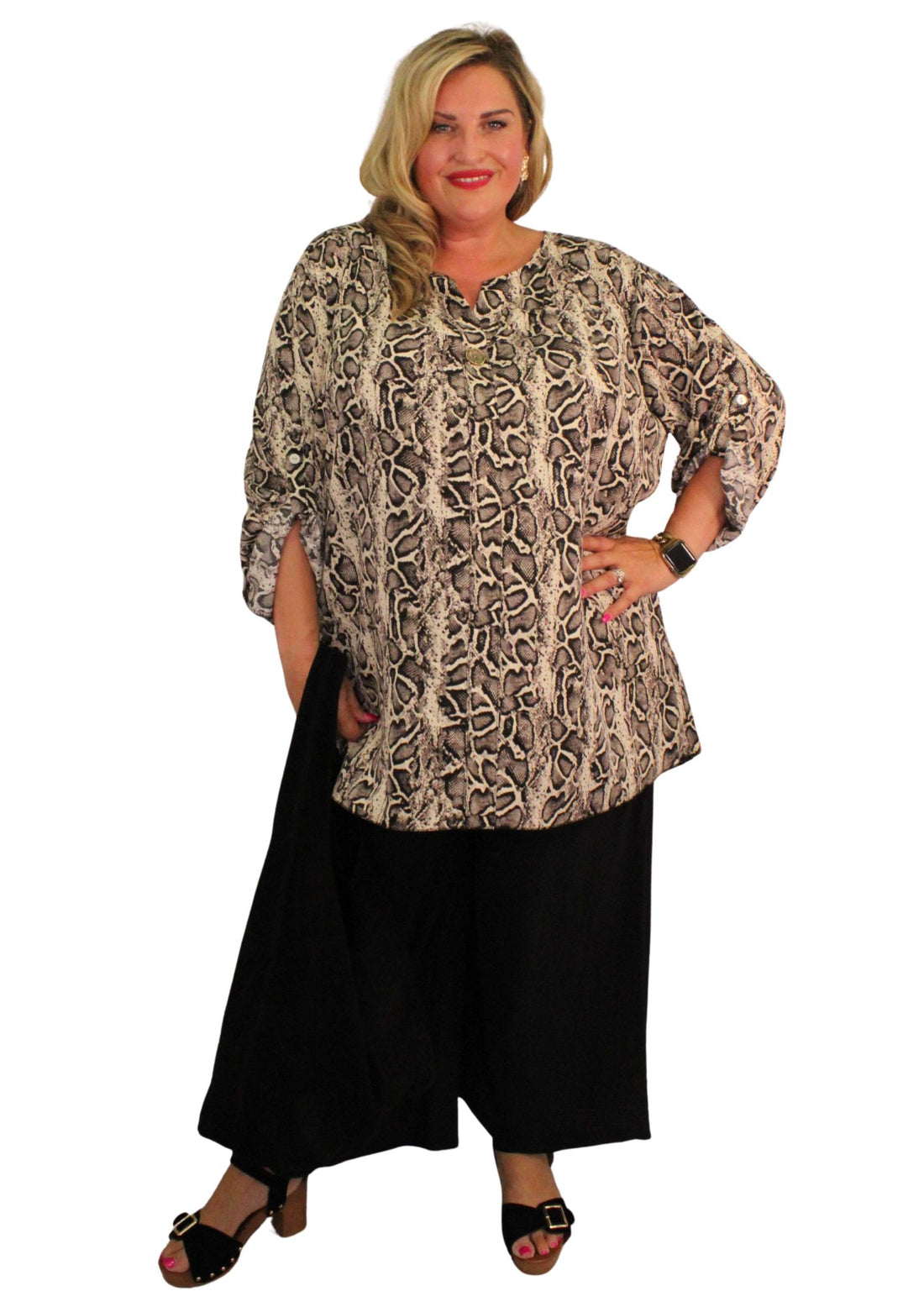 Button Epaulette Top Snake Print