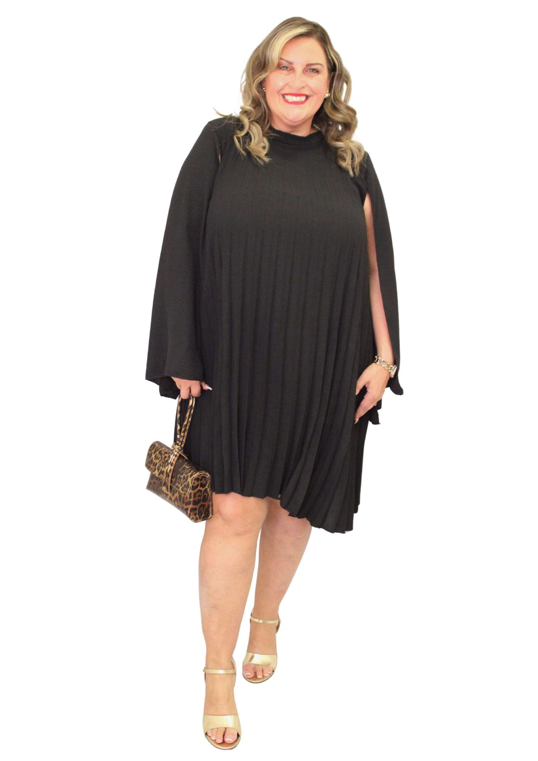 Cape Sleeve Pleat Dress