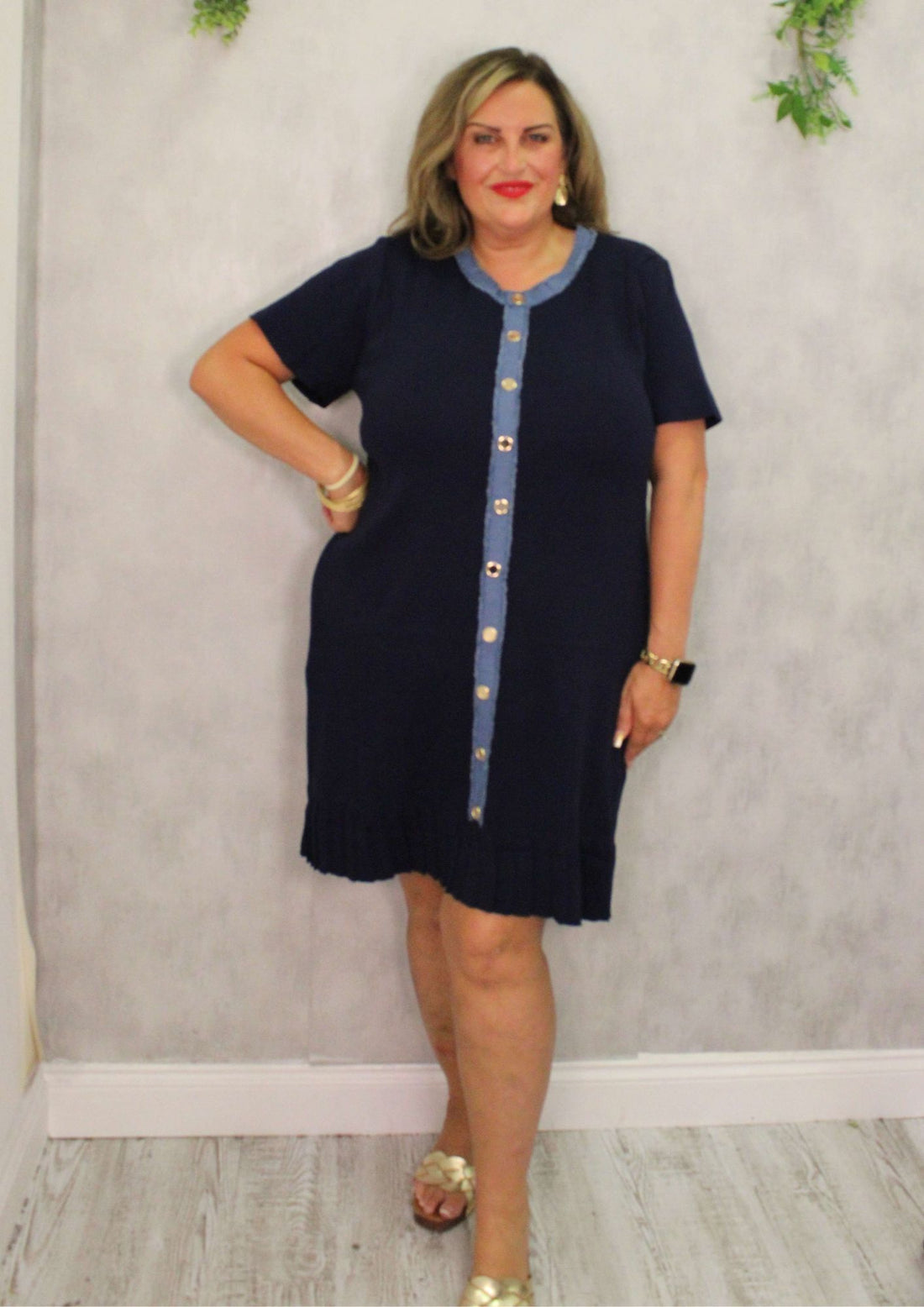 Denim Strip Button Knit Dress
