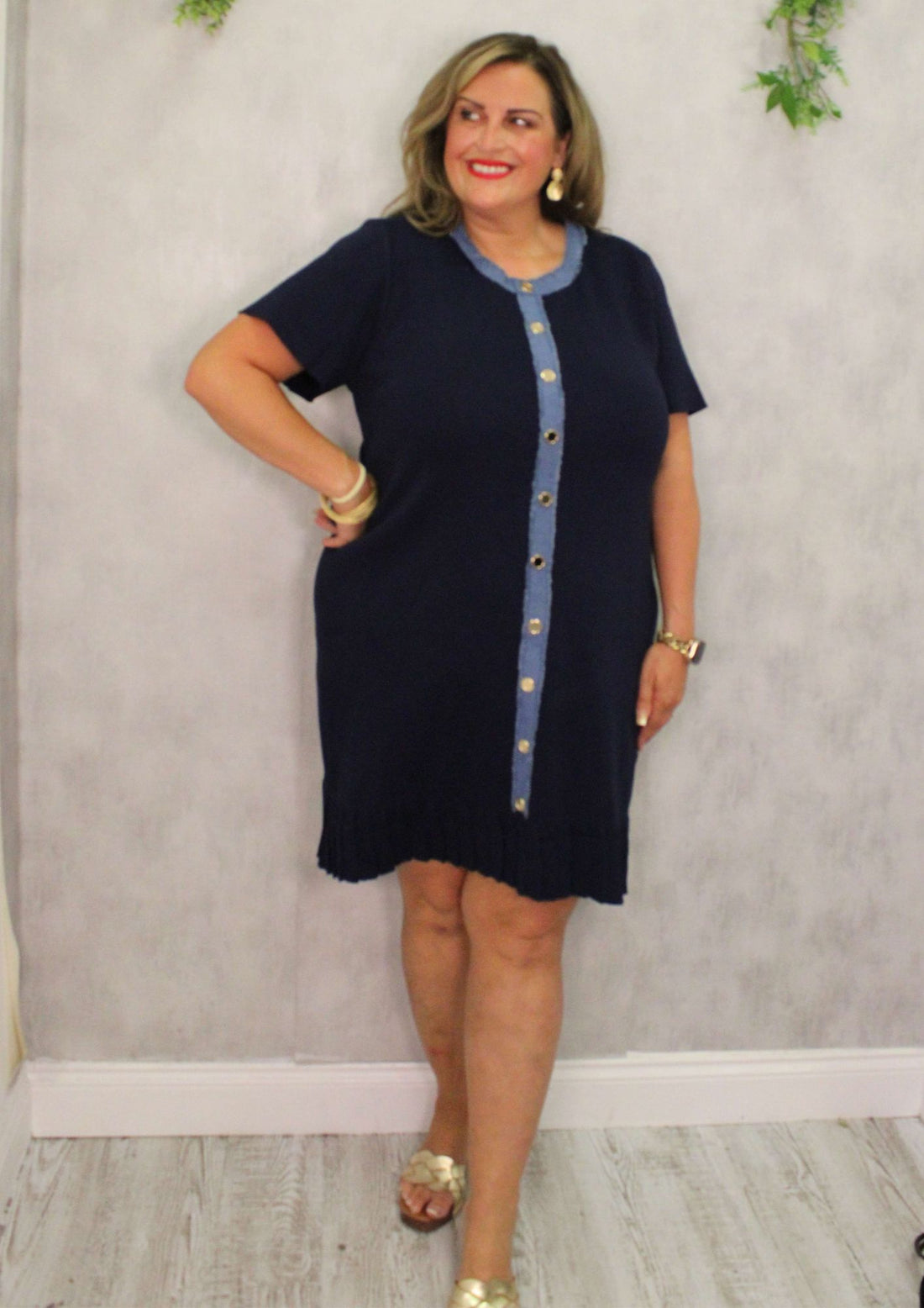 Denim Strip Button Knit Dress