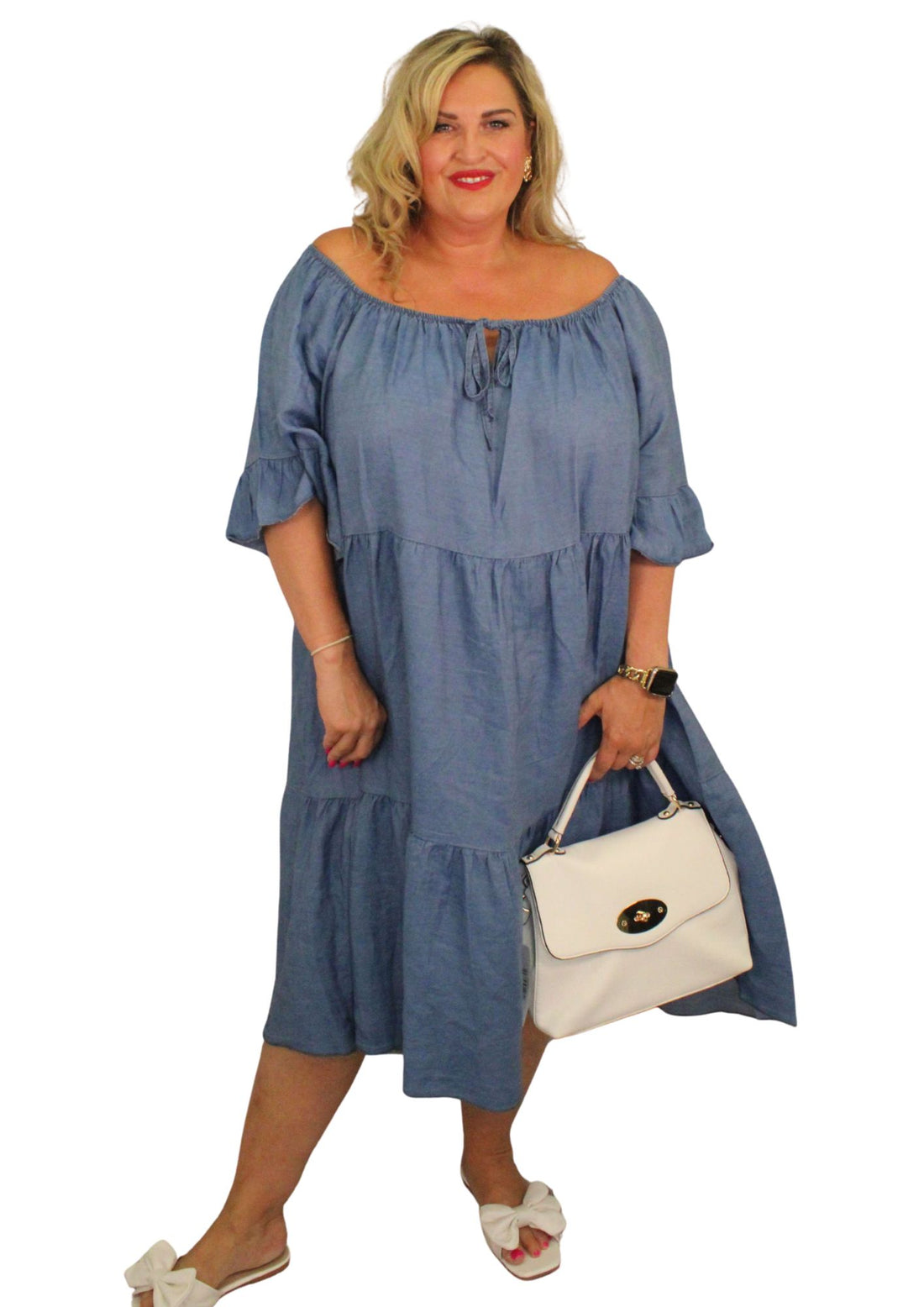 Mary Jane Off Shoulder Dress Denim Effect