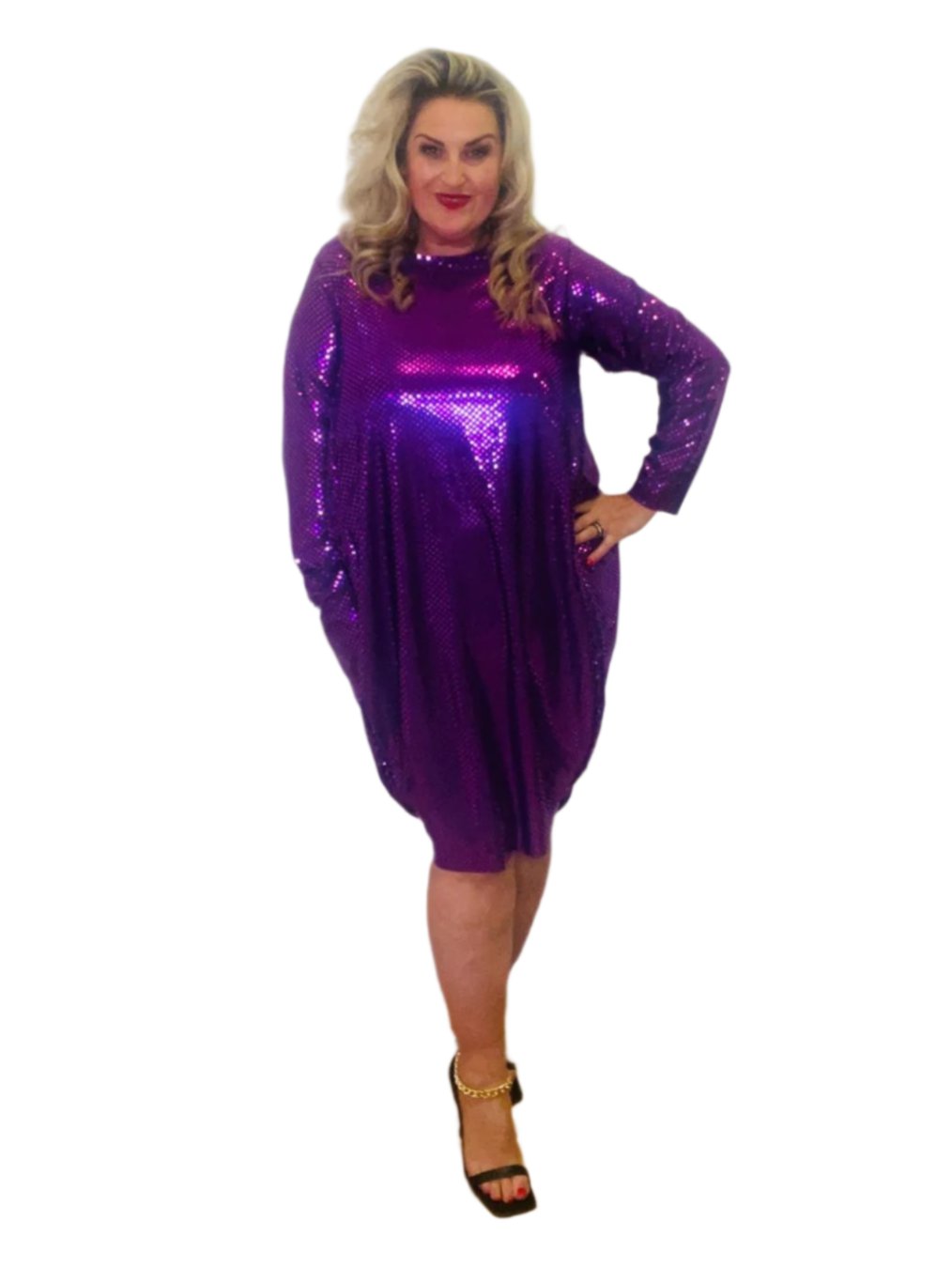 original dress disco print purple plus size round neck midi length