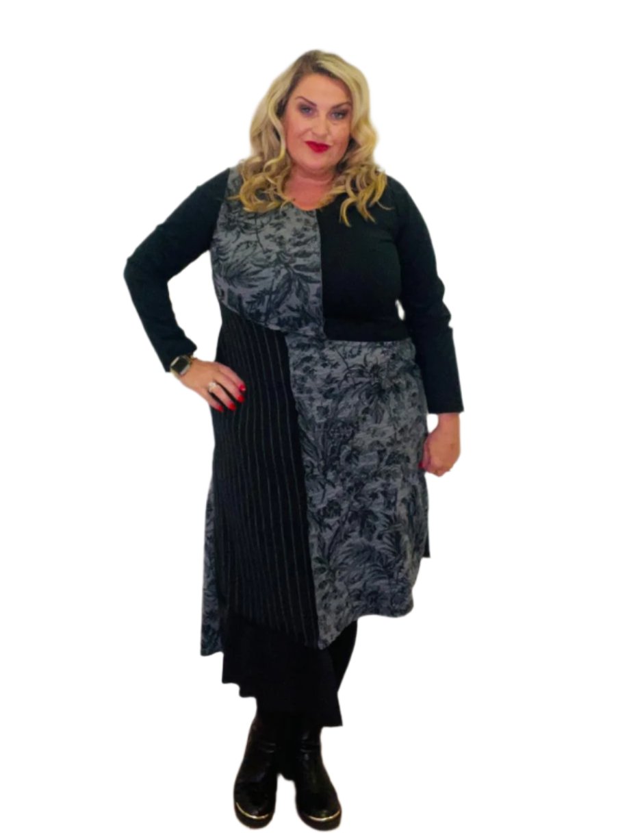 patchwork dress by ID black and grey plus size long sleeve
