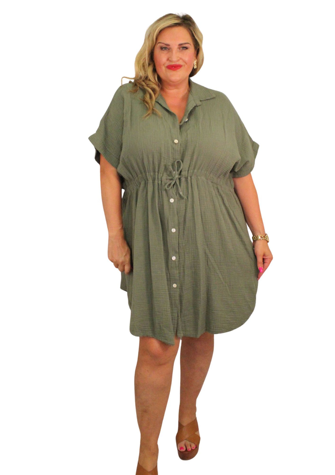 Pull In Cheesecloth Shirt Dress Plain