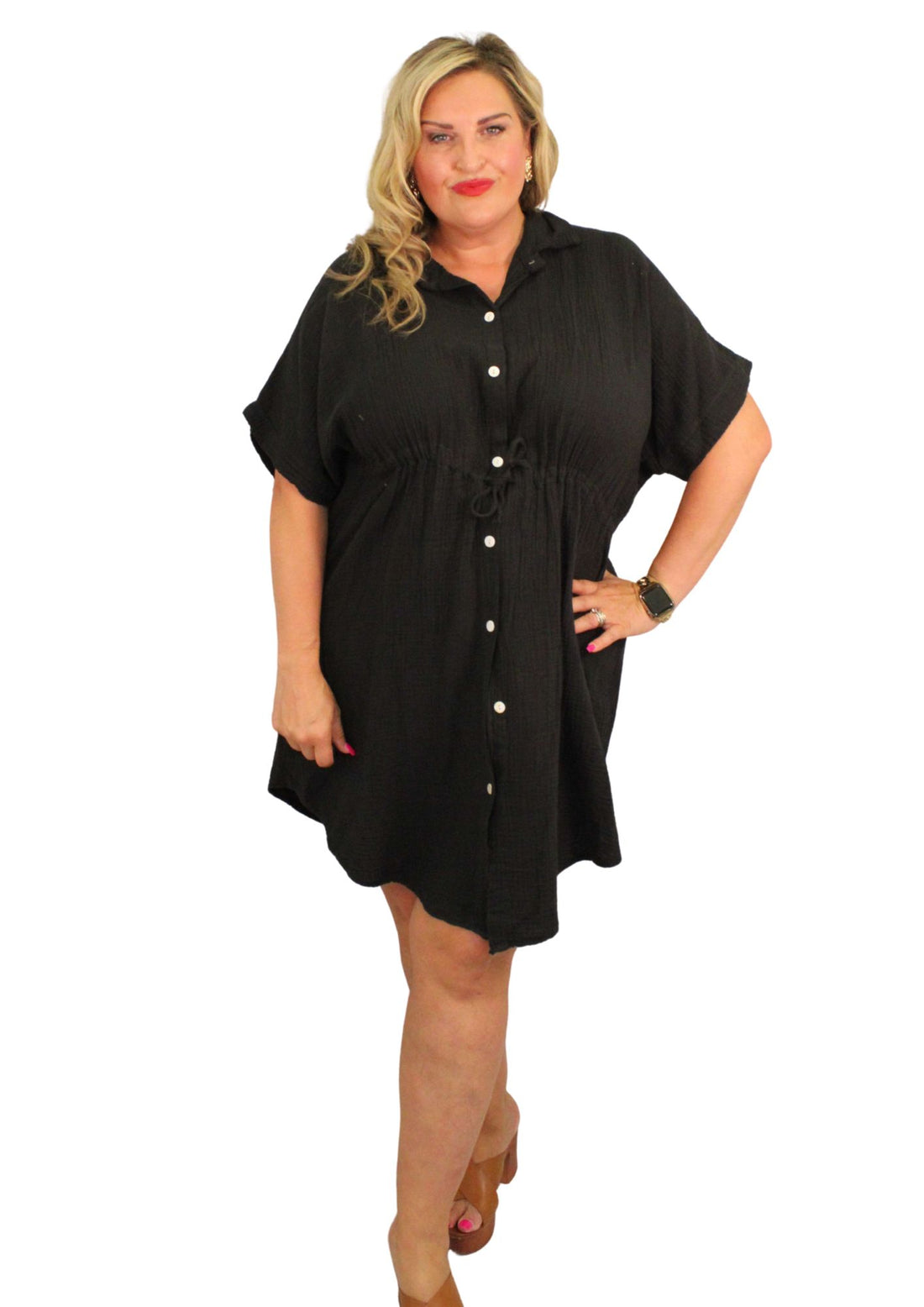 Pull In Cheesecloth Shirt Dress Plain