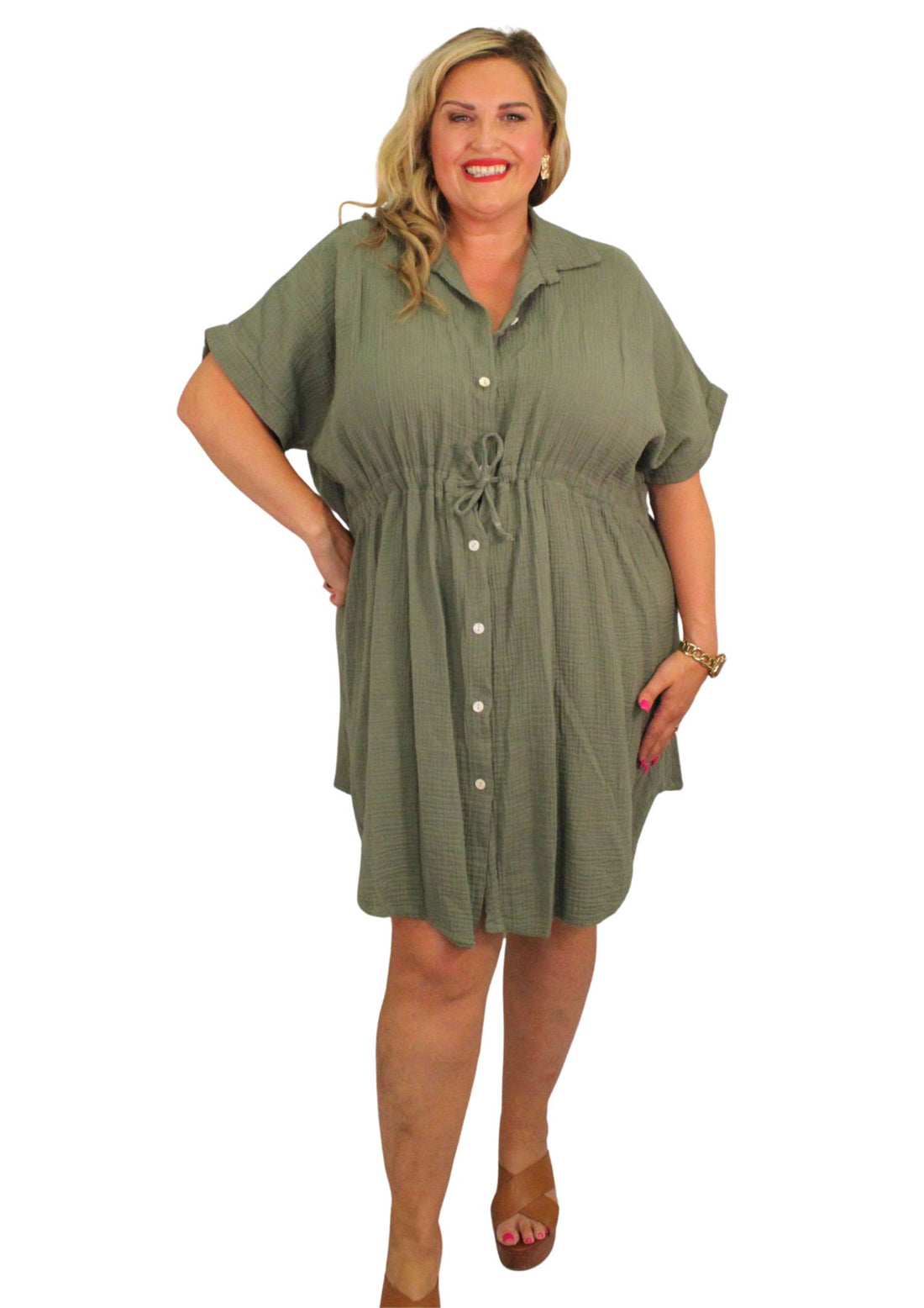 Pull In Cheesecloth Shirt Dress Plain