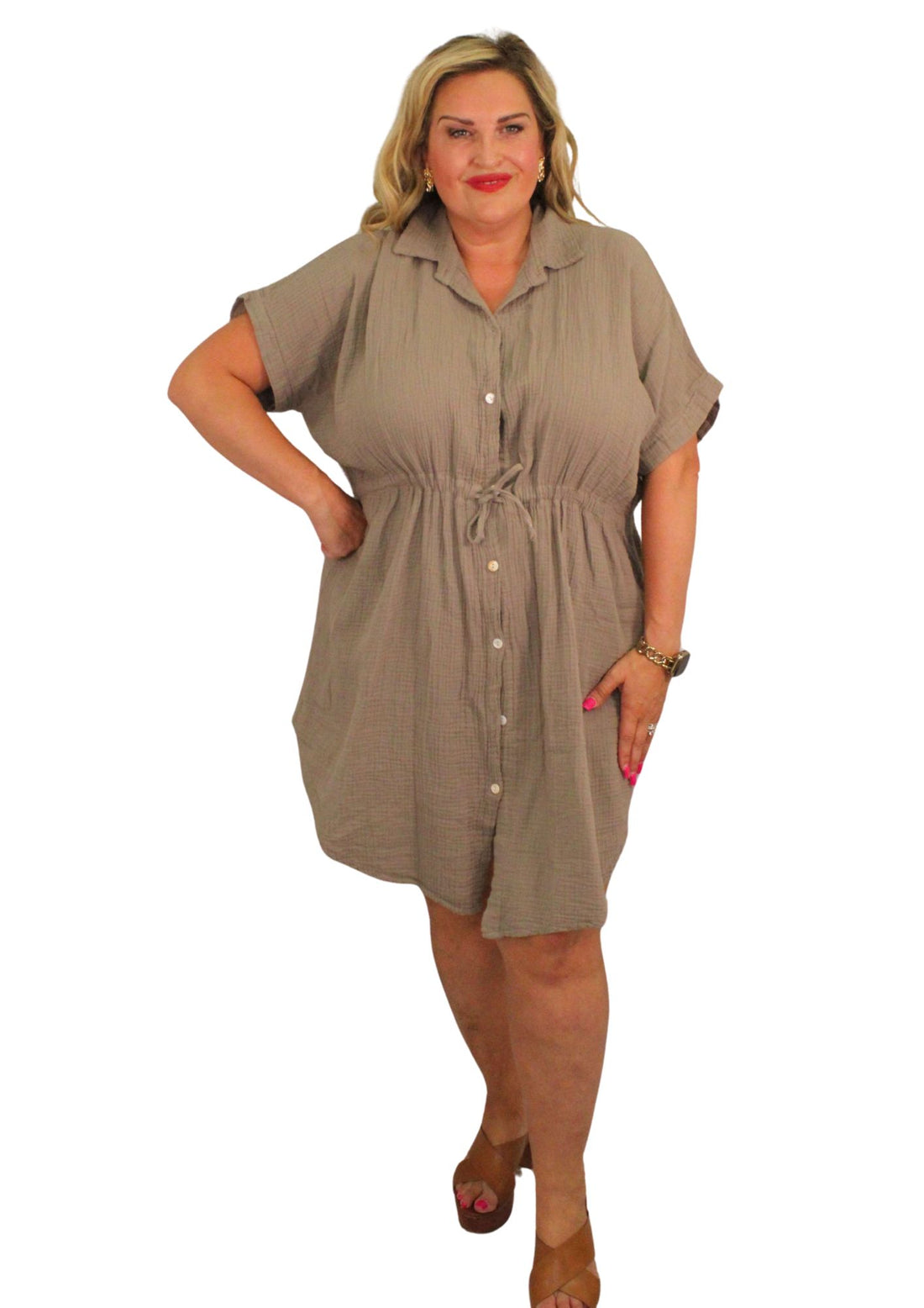 Pull In Cheesecloth Shirt Dress Plain