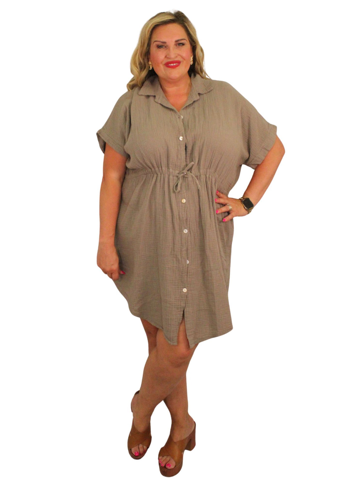Pull In Cheesecloth Shirt Dress Plain