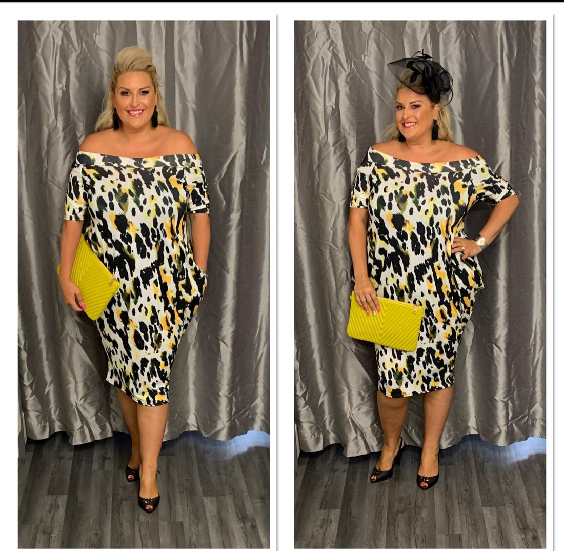 queen dress abstract print plus size curve pattenened black yellow knee length