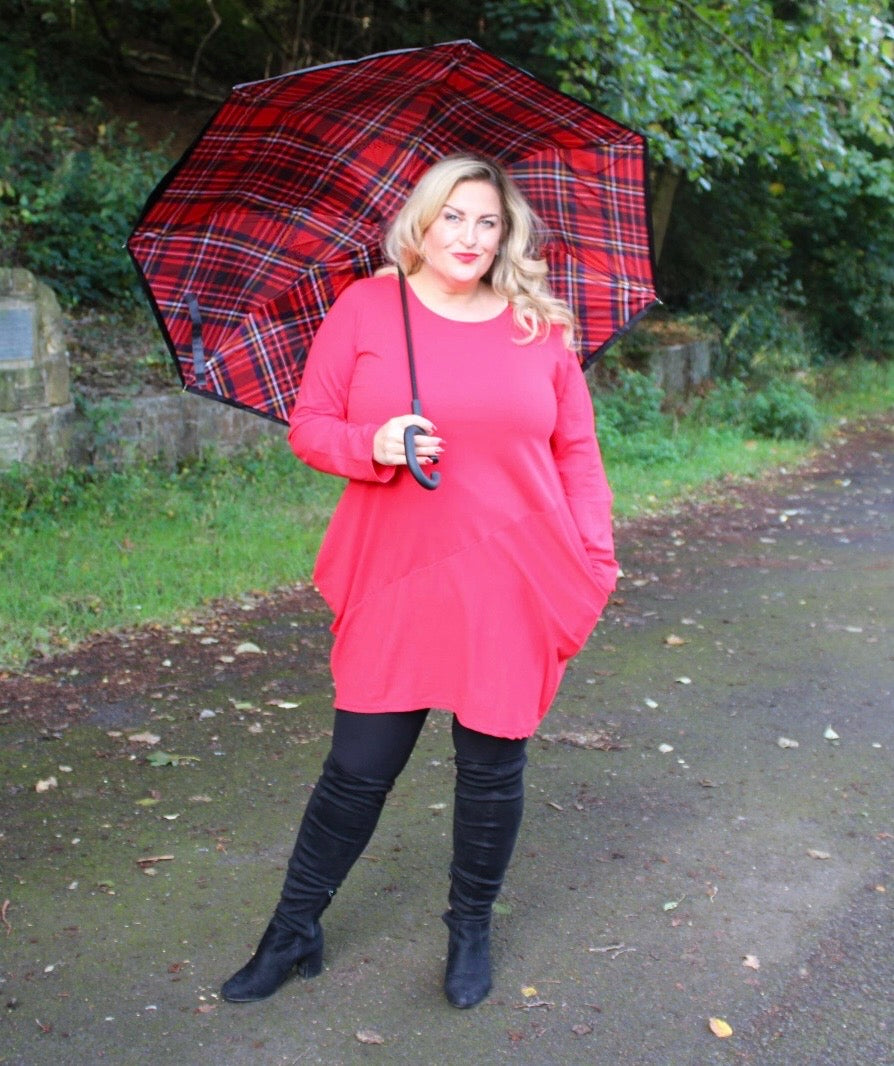 si dress long sleeve red tartan umbrella plus size winter cosy