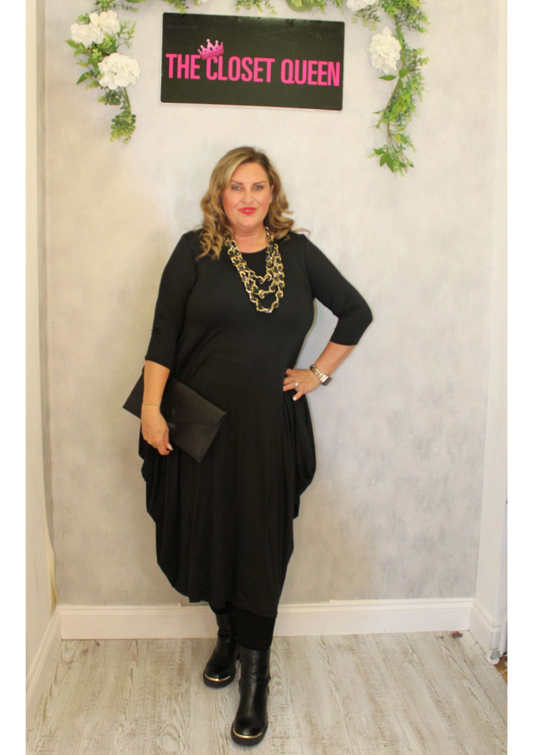 Side Point Dress Plain 3/4 Sleeve