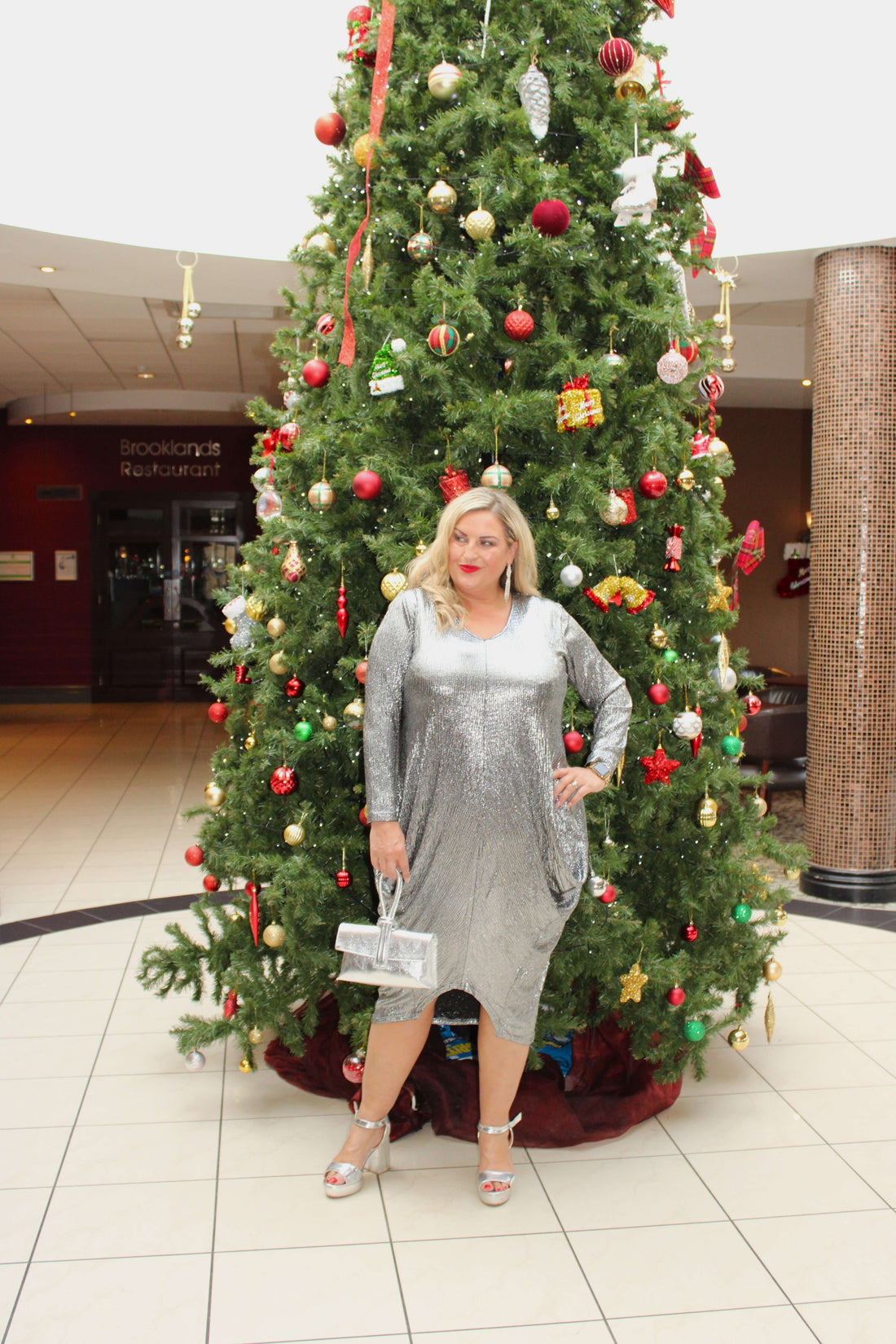 tulip dress knight print silver plus size long sleeve metallic