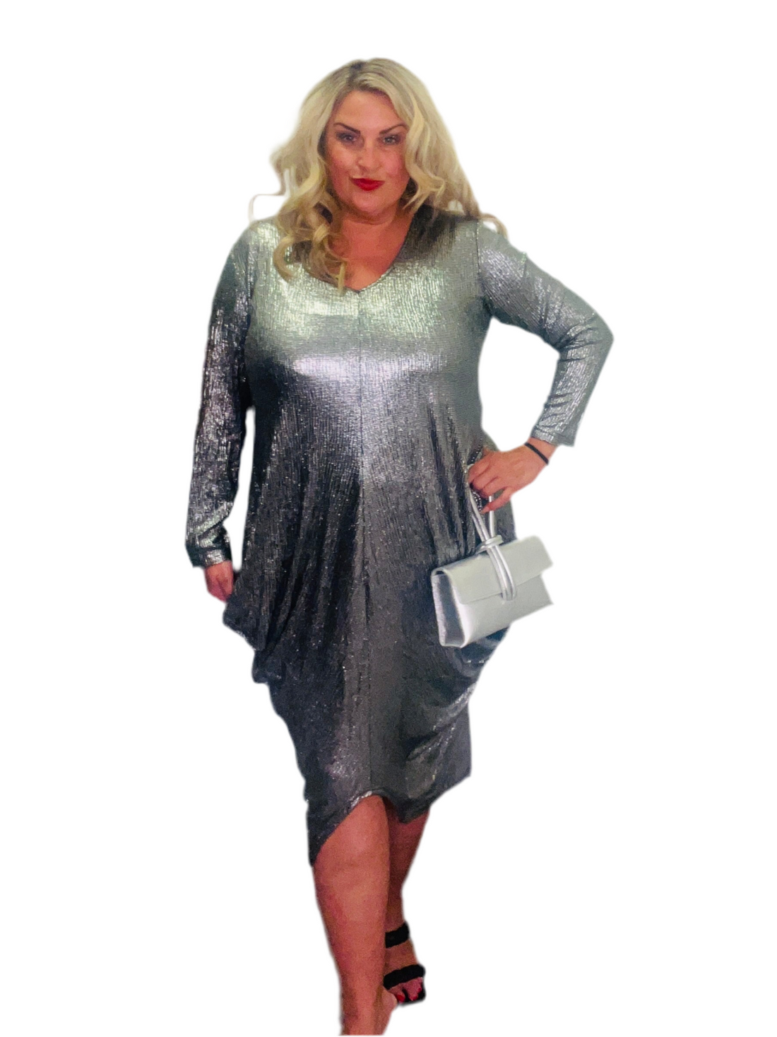 tulip dress knight print silver plus size metallic long sleeves