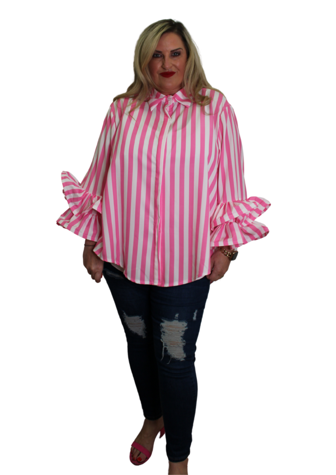 Rose Sleeve Shirt Stripe Print