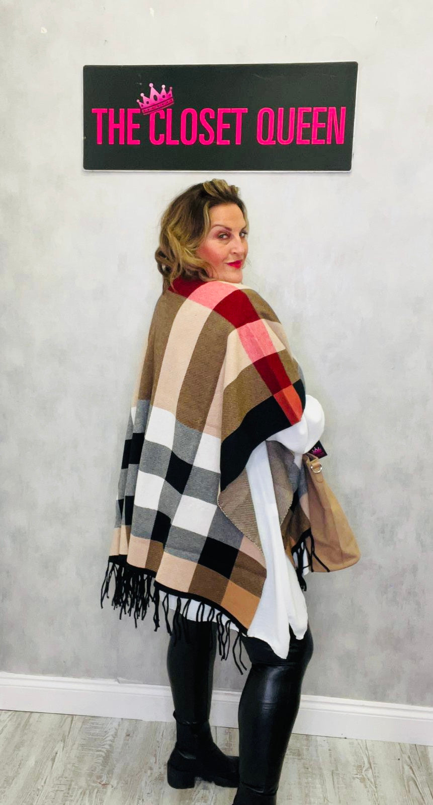 Check Tassel Poncho