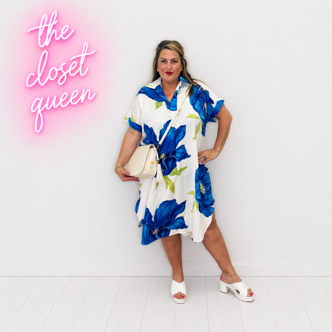 V Stitch Collar Dress Bright Flower