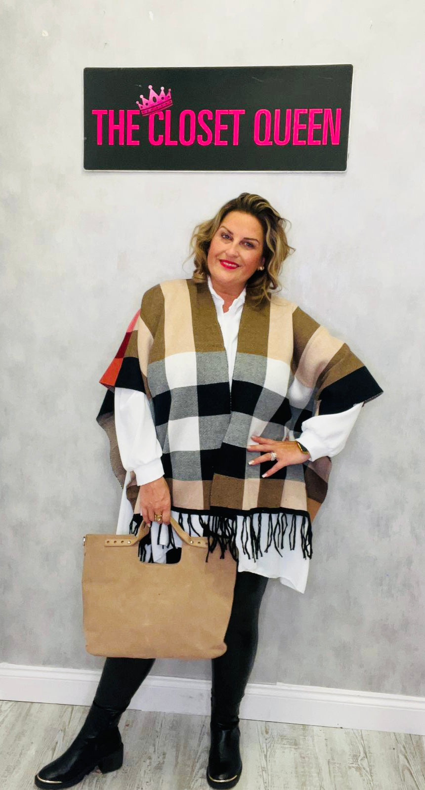 Check Tassel Poncho