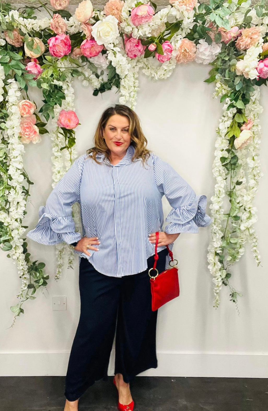 Rose Sleeve Shirt Stripe Print