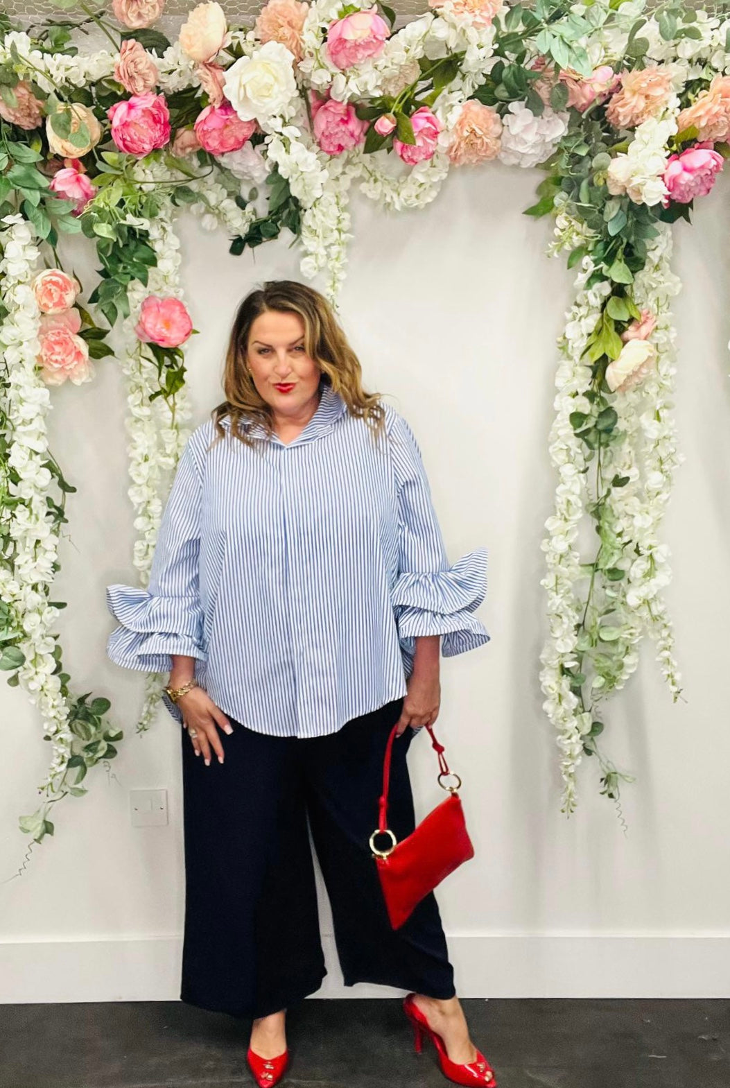 Rose Sleeve Shirt Stripe Print