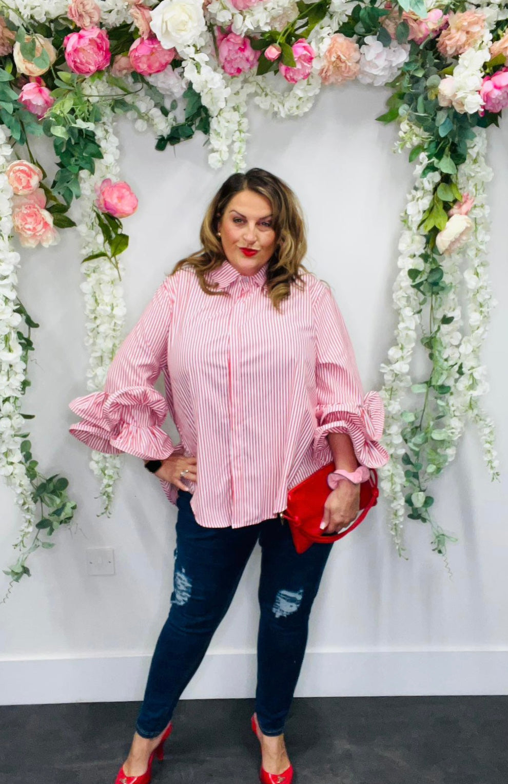 Rose Sleeve Shirt Stripe Print