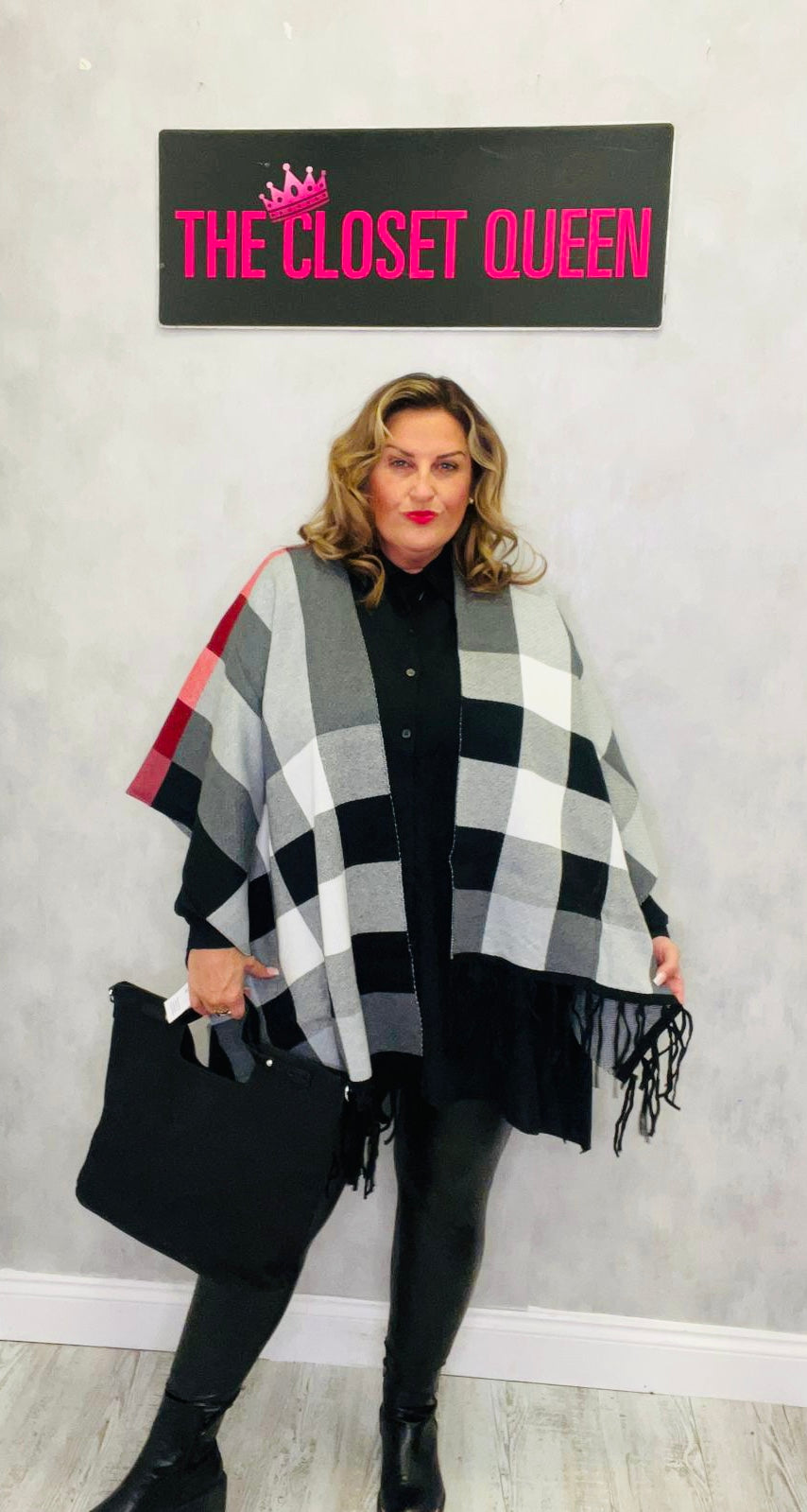 Check Tassel Poncho