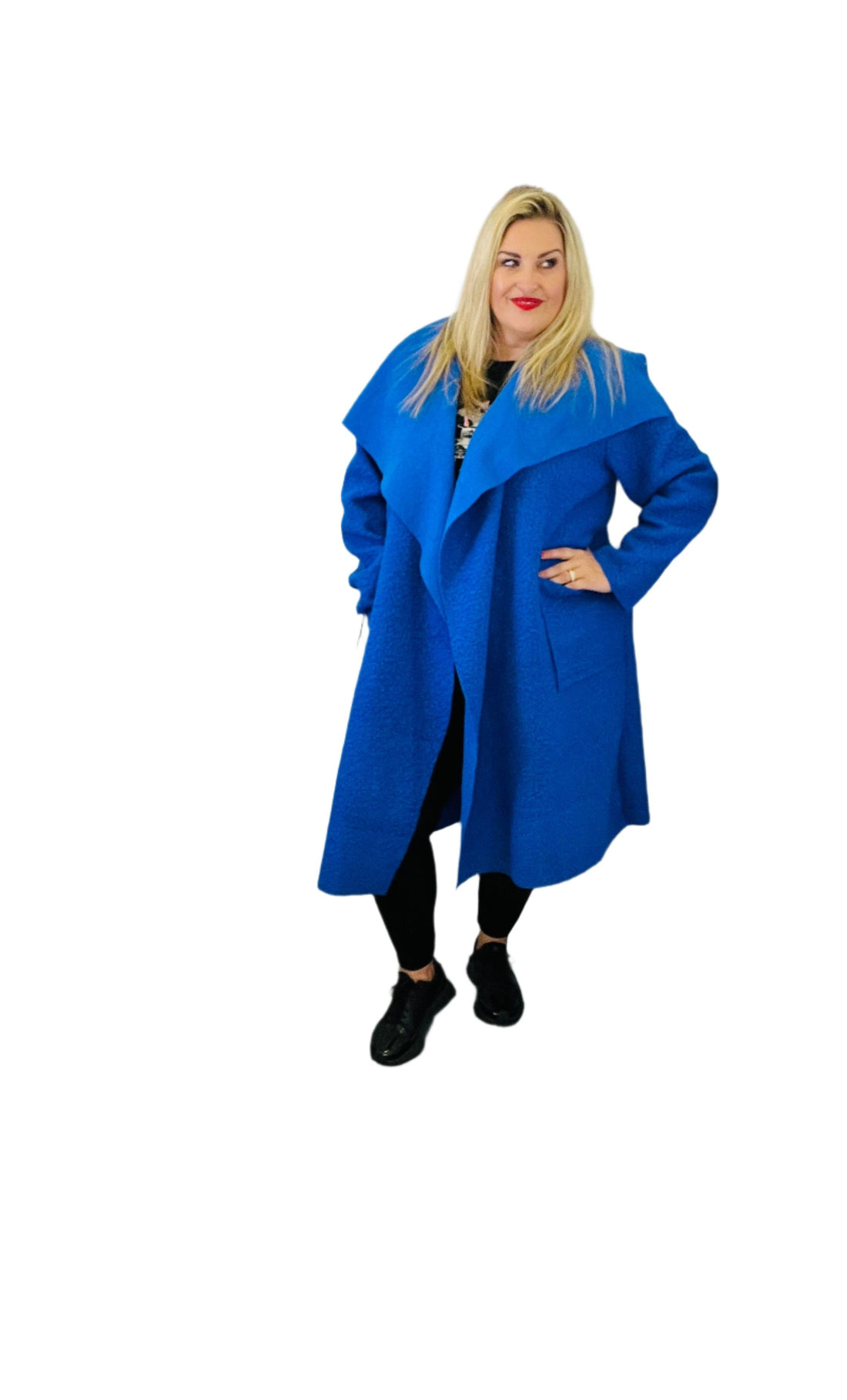Boucle Waterfall Coat Royal Blue plus size curve cosy feel fabric 