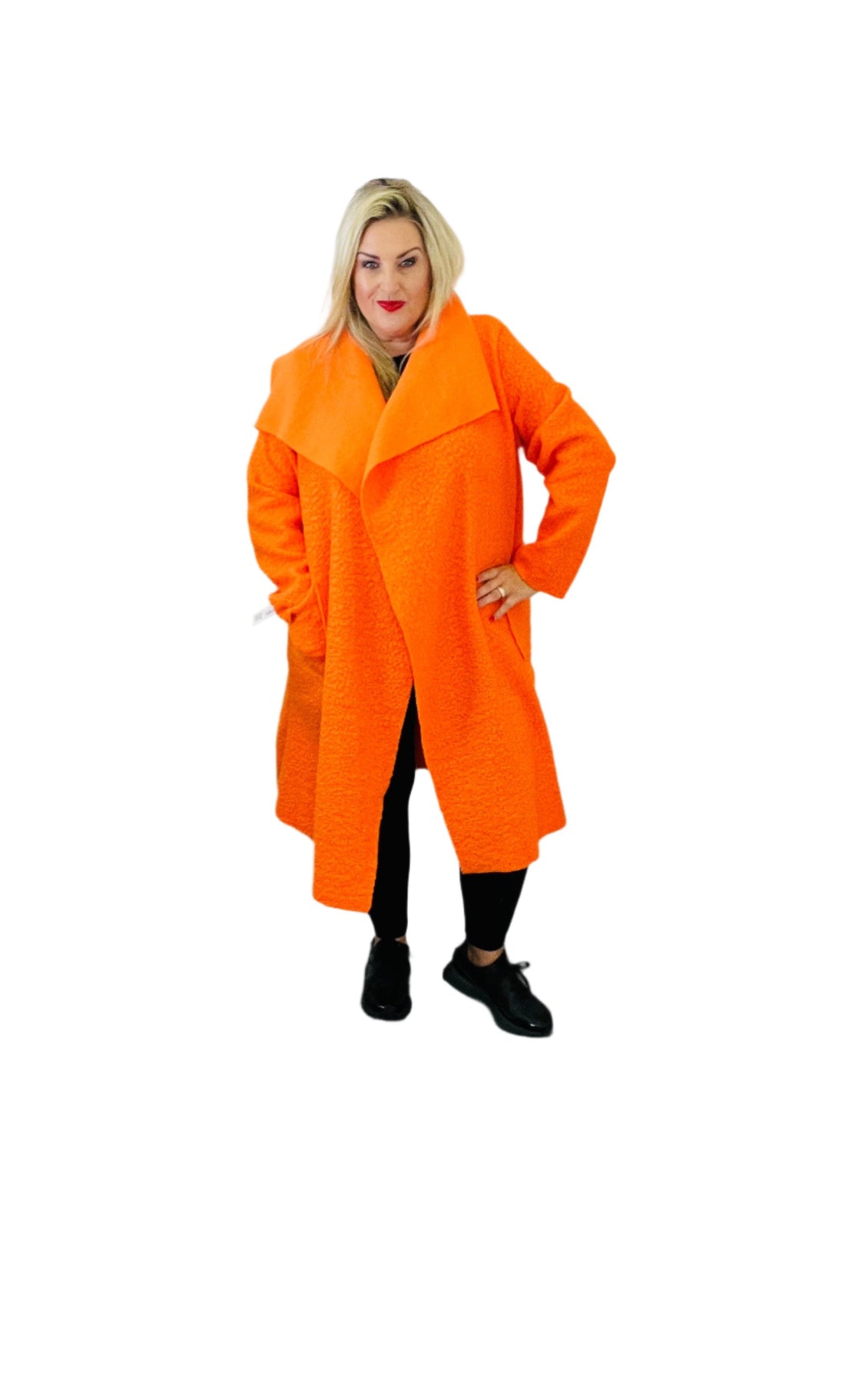 Boucle Waterfall Coat orange plus size curve cosy feel fabric 