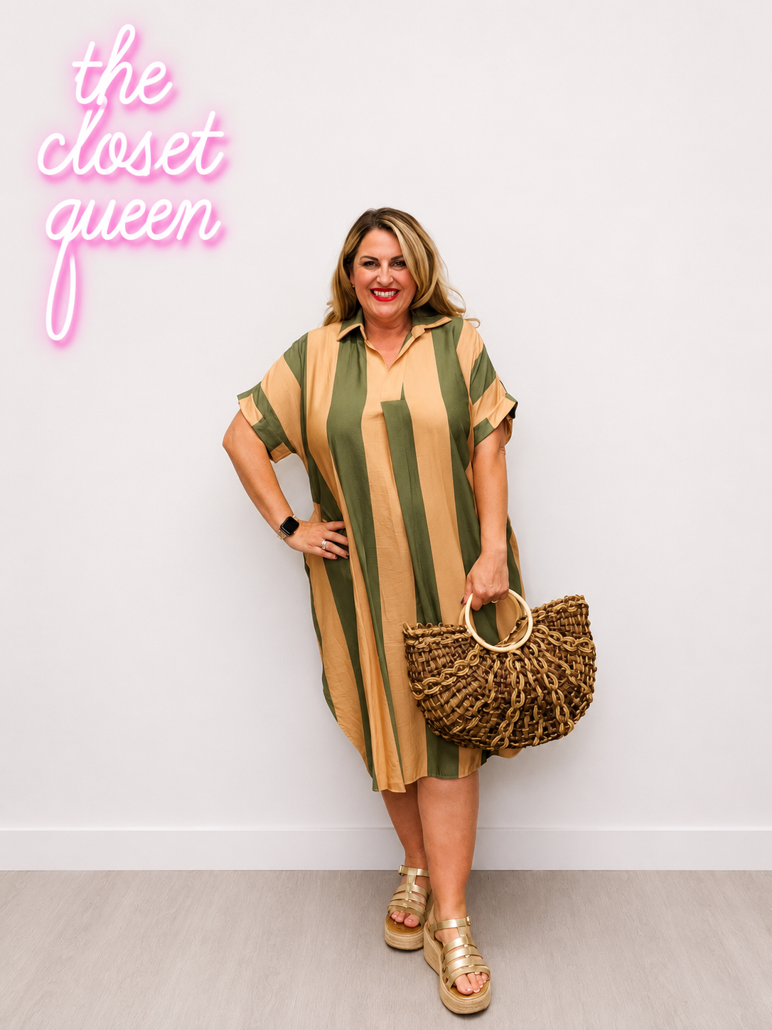 V Stitch Collar Dress Stripe