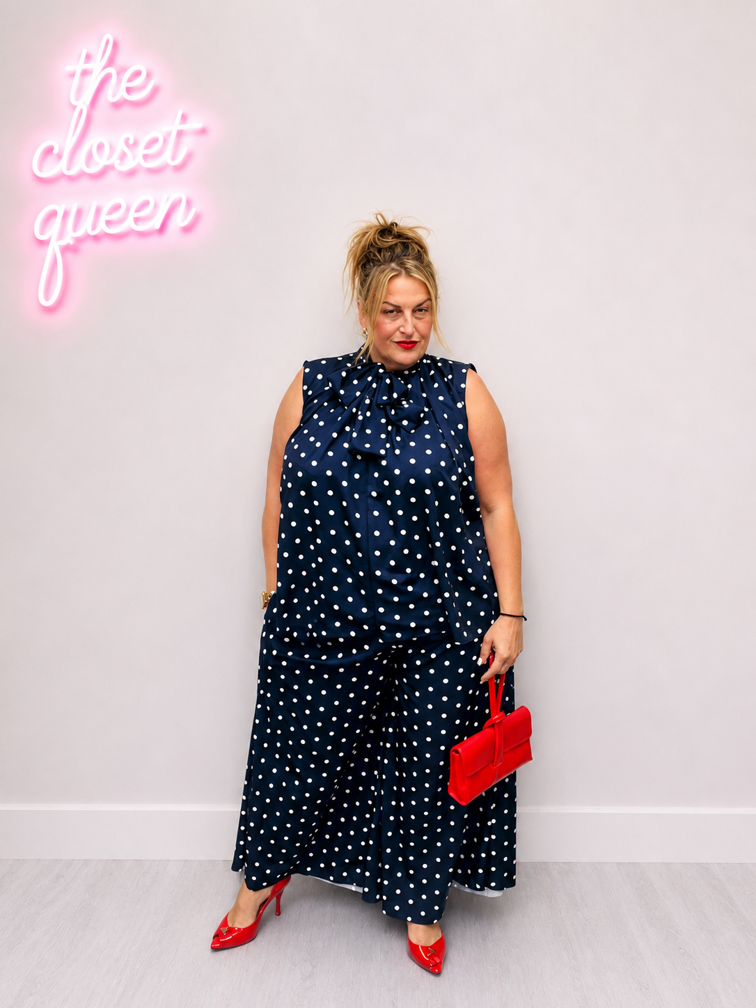Pussy Bow Sleeveless Swing Blouse Polka Dot