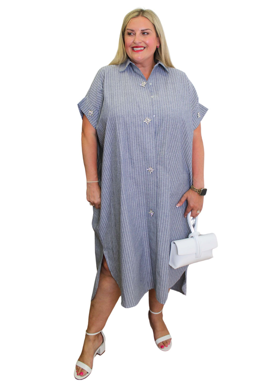 Cozina Dress Stripe Diamonte Button