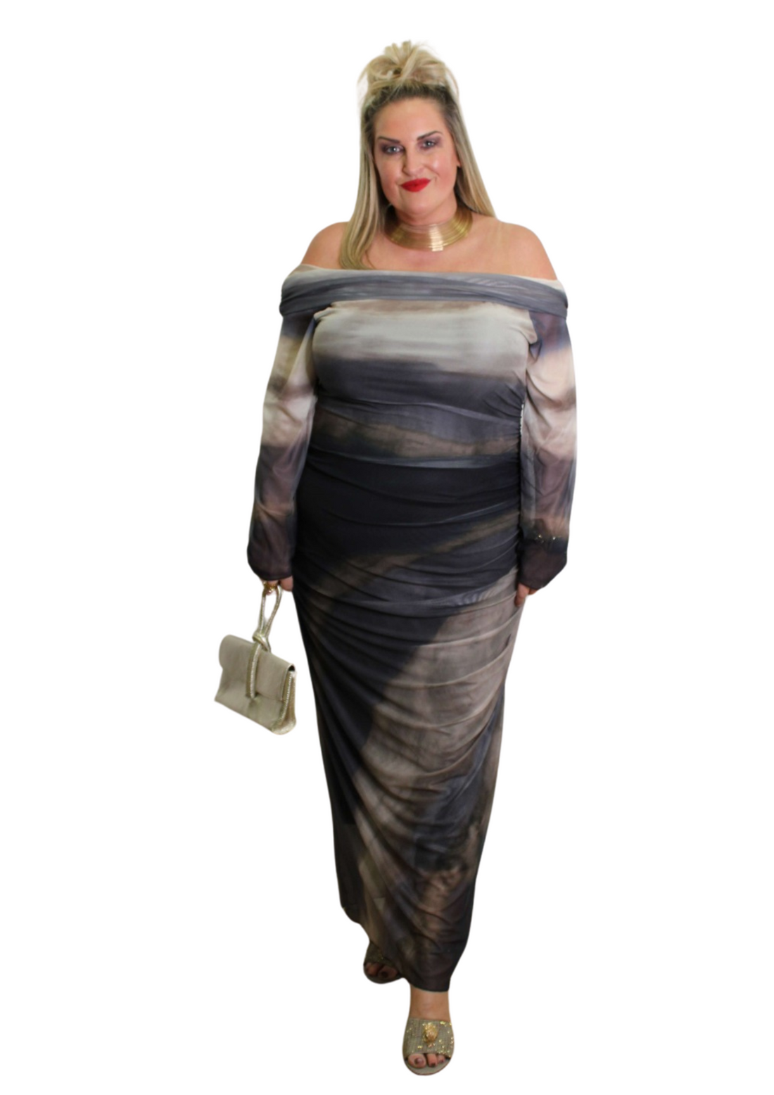 Meshy Bardot Dress Ombre Print