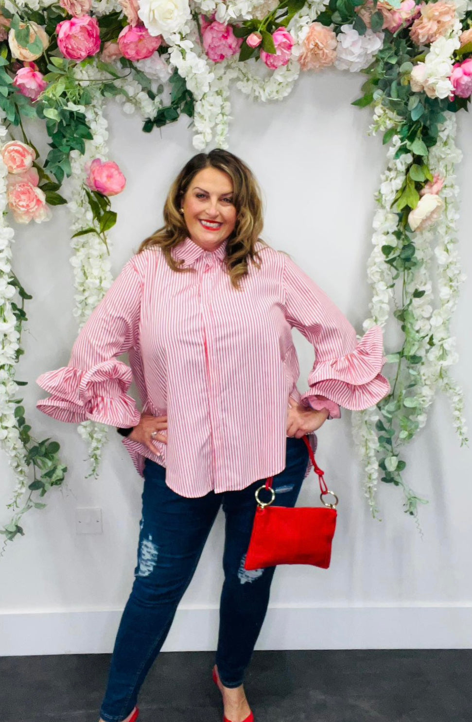 Rose Sleeve Shirt Stripe Print