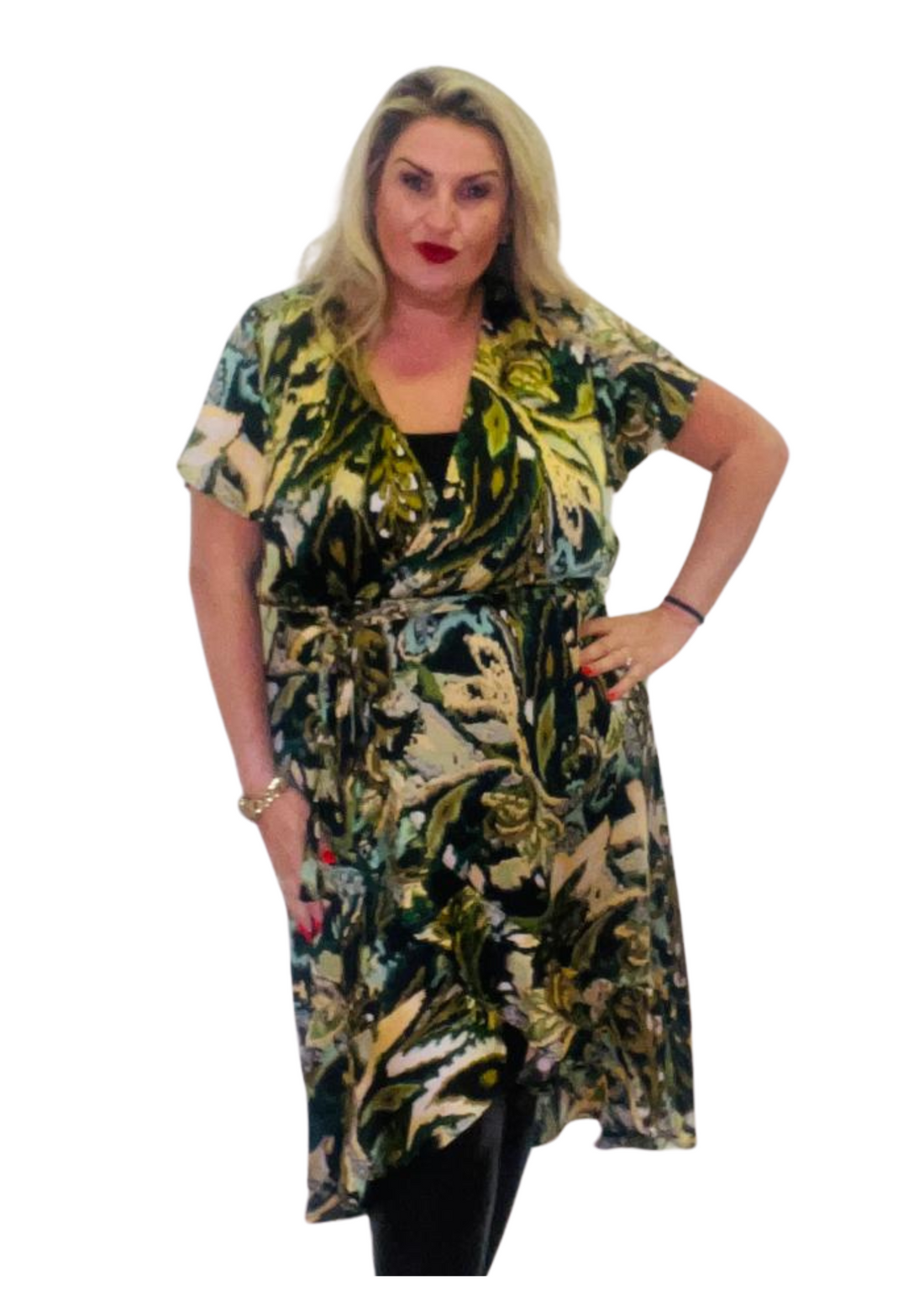 Enchant wrap dress green plus size curve flattering wrap style