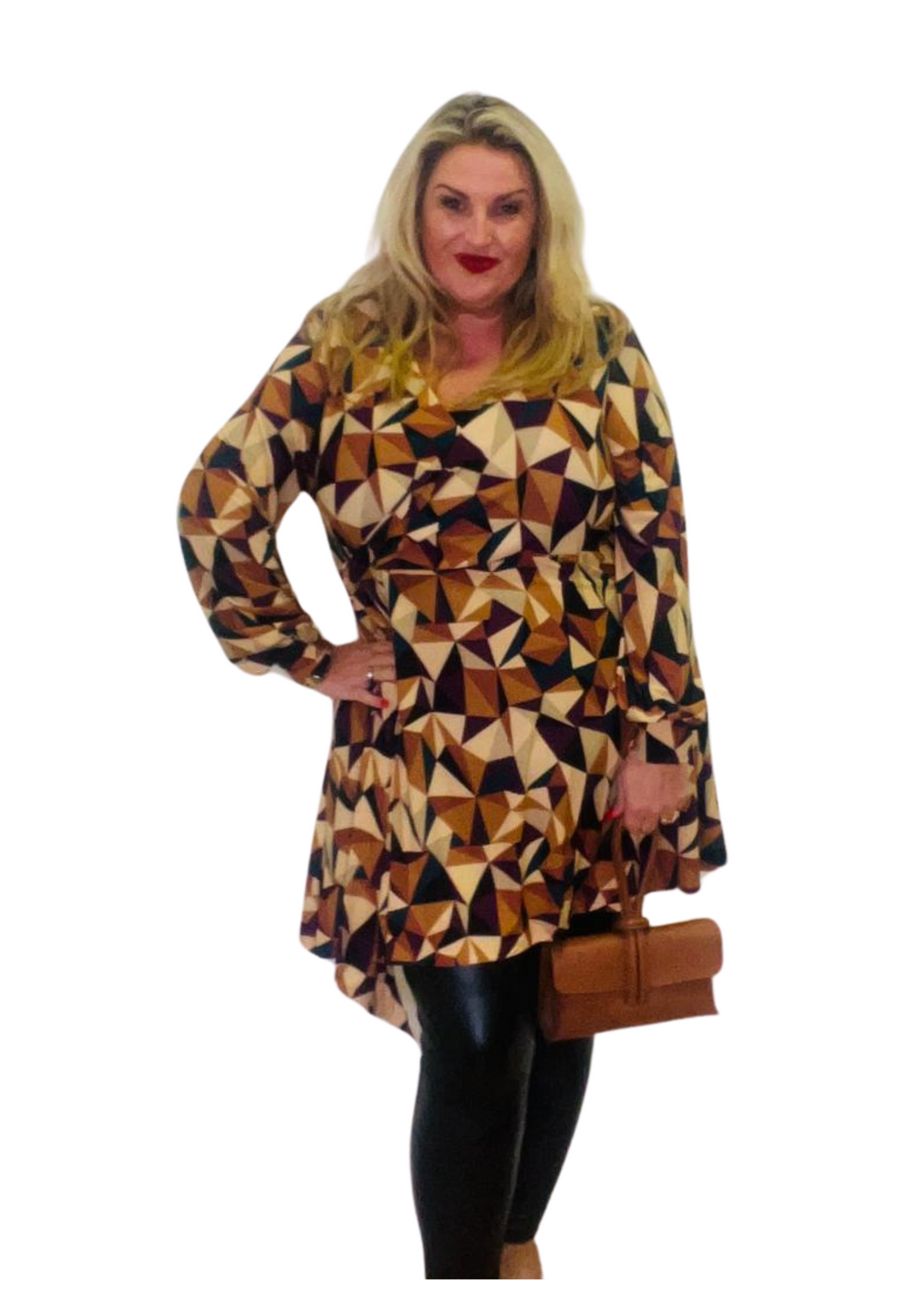 Geo wrap tunic tan curve flattering wrap style 